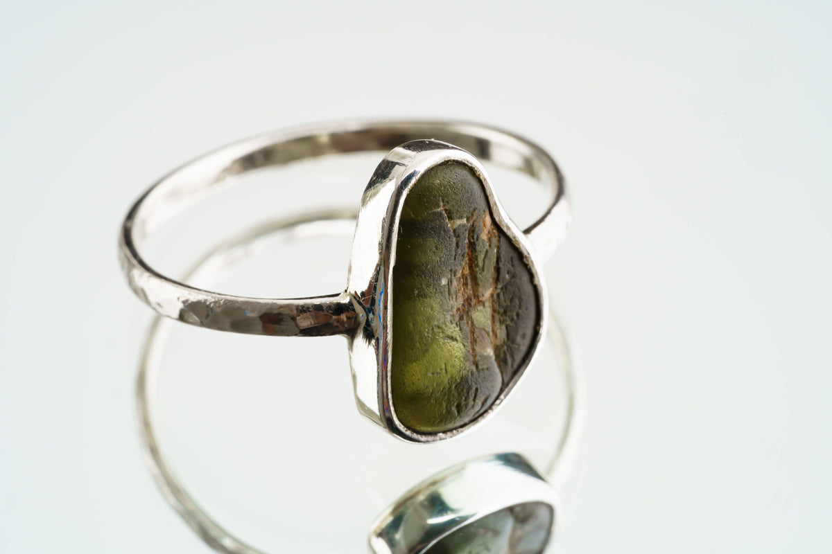 Natural River Found Australian Peridot - Thin Band Stack Ring - Size 7 1/4 US - 925 Sterling Silver - Hammer Textured
