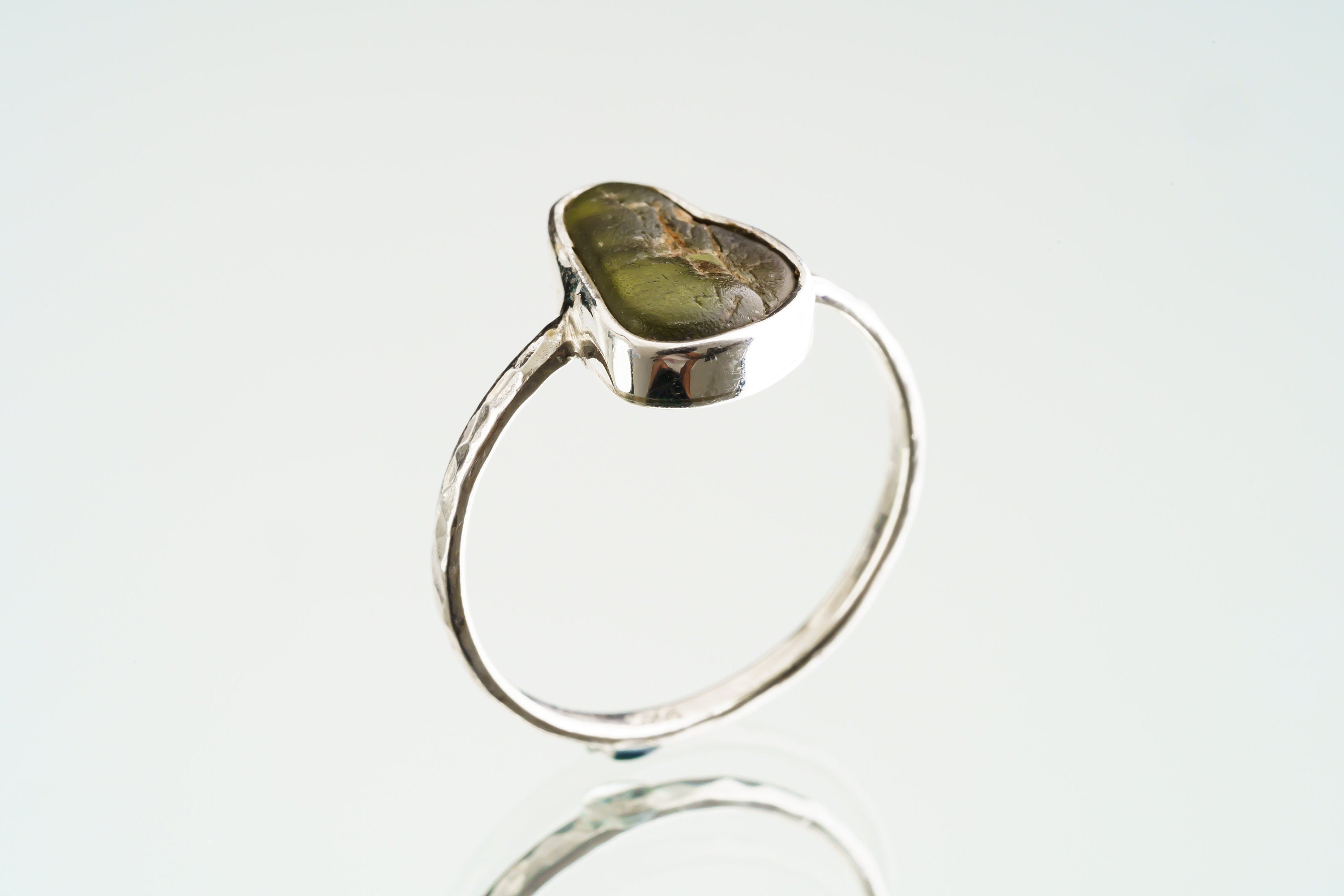 Natural River Found Australian Peridot - Thin Band Stack Ring - Size 7 1/4 US - 925 Sterling Silver - Hammer Textured