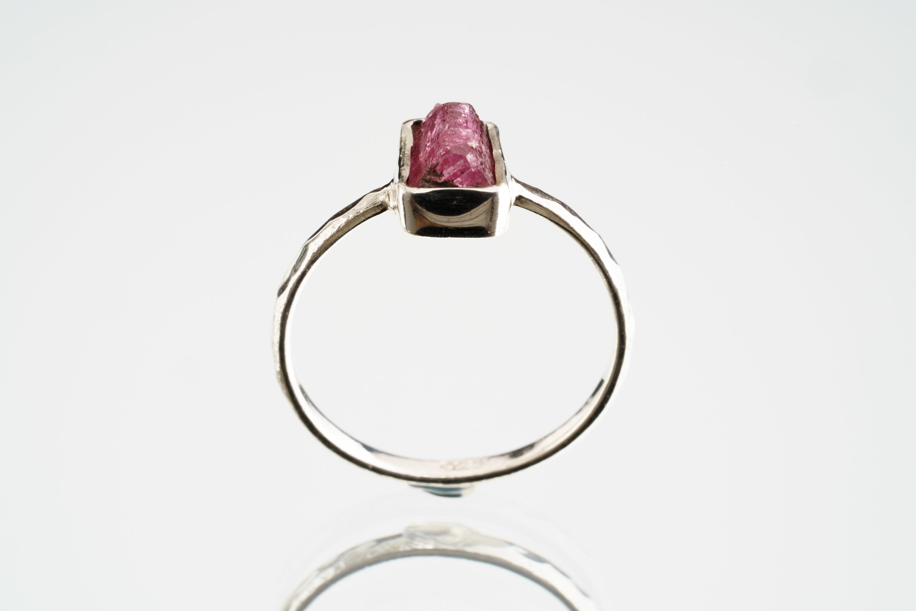 Pink gem Tourmaline Rubellite - Stack Crystal Ring - Size 4 1/2 US - 925 Sterling Silver - Thin Band Hammer Textured