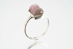Gemmy Watermelon Tourmaline - Stack Crystal Ring - Size 6 1/2 US - 925 Sterling Silver - Thin Band Hammer Textured