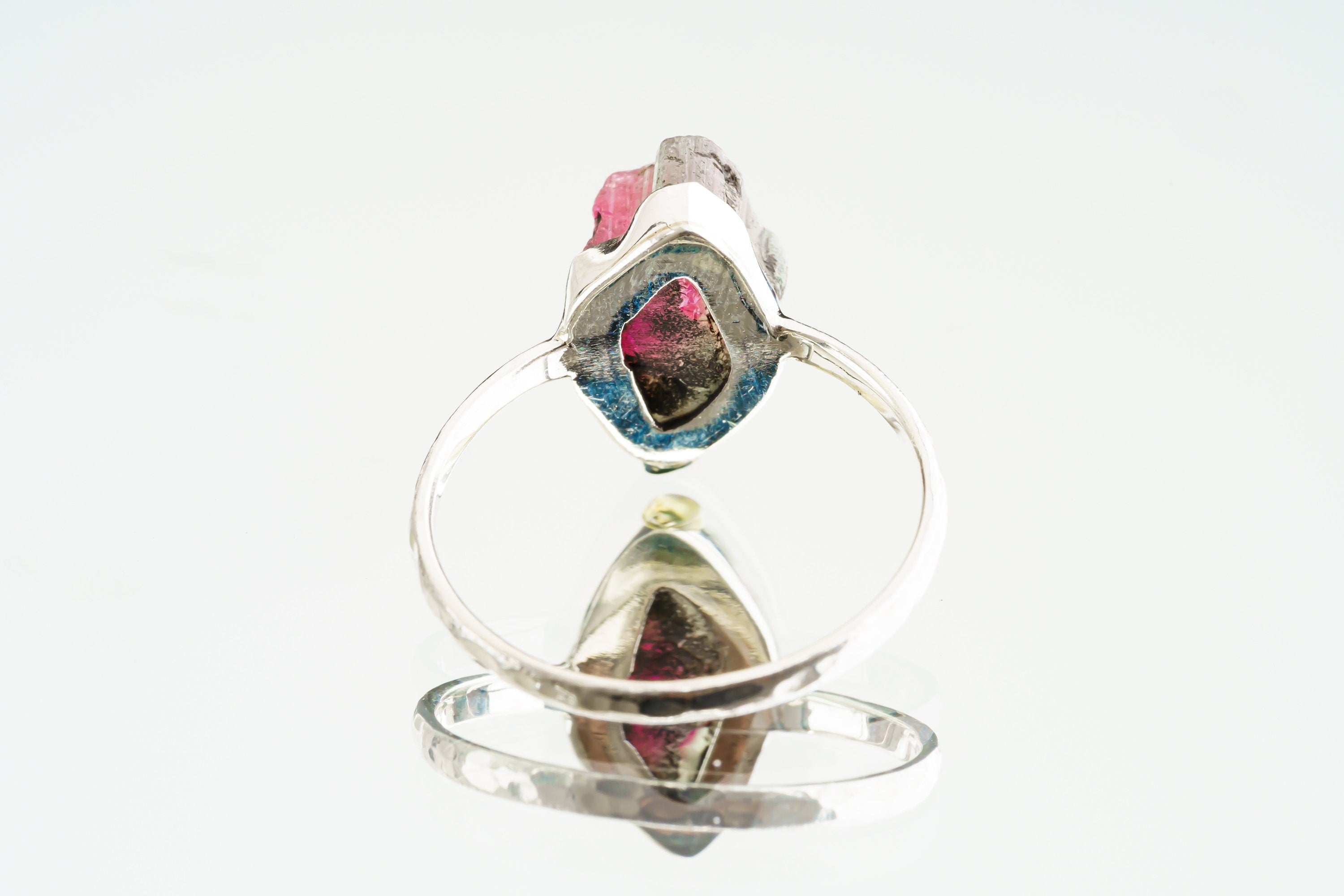 Pink Watermelon Tourmaline - Stack Crystal Ring - Size 7 US - 925 Sterling Silver - Thin Band Hammer Textured