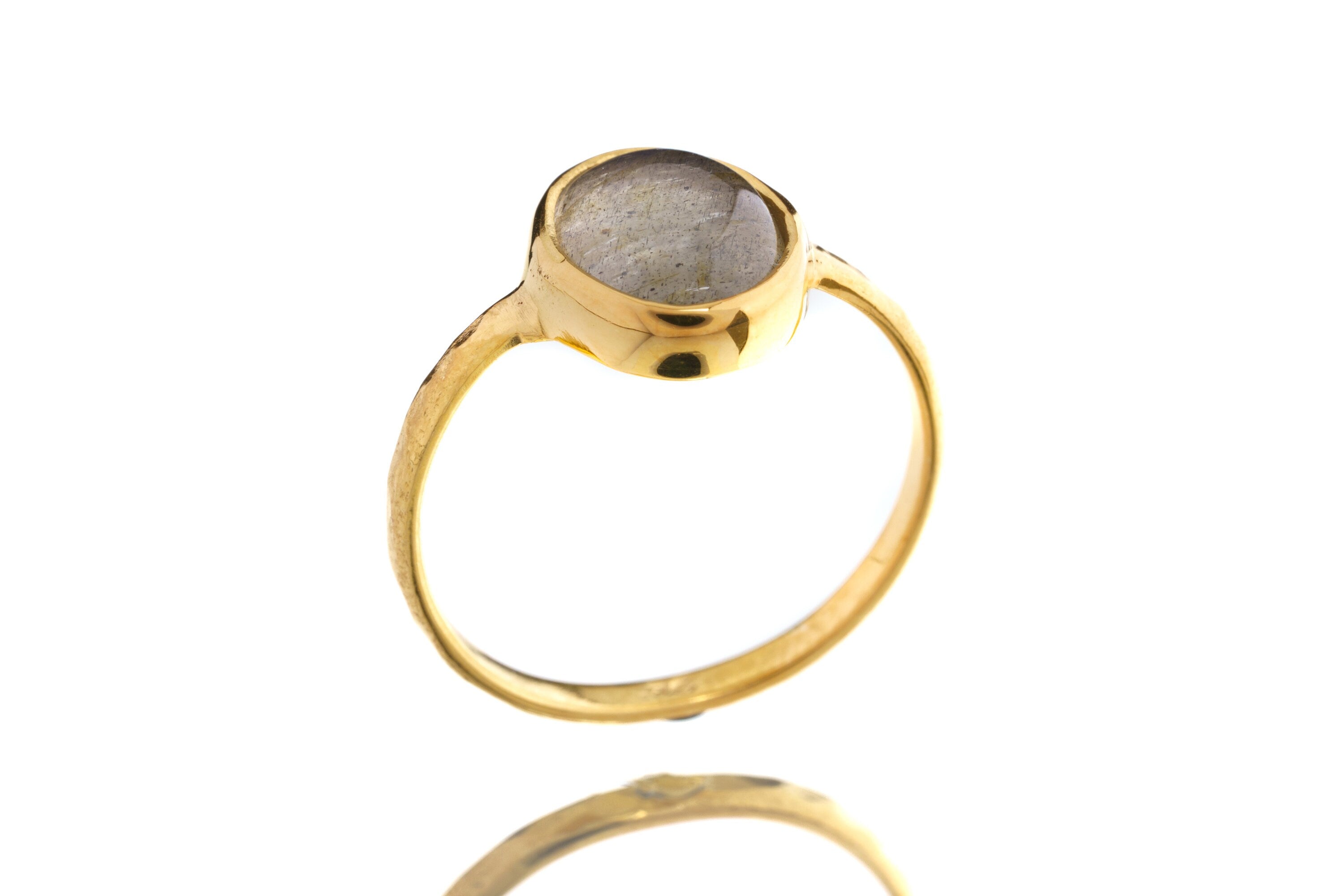 High Grade Labradorite - Stack Crystal Ring - Size 5 US - Gold Plated 925 Sterling Silver - Thin Band Hammer Textured