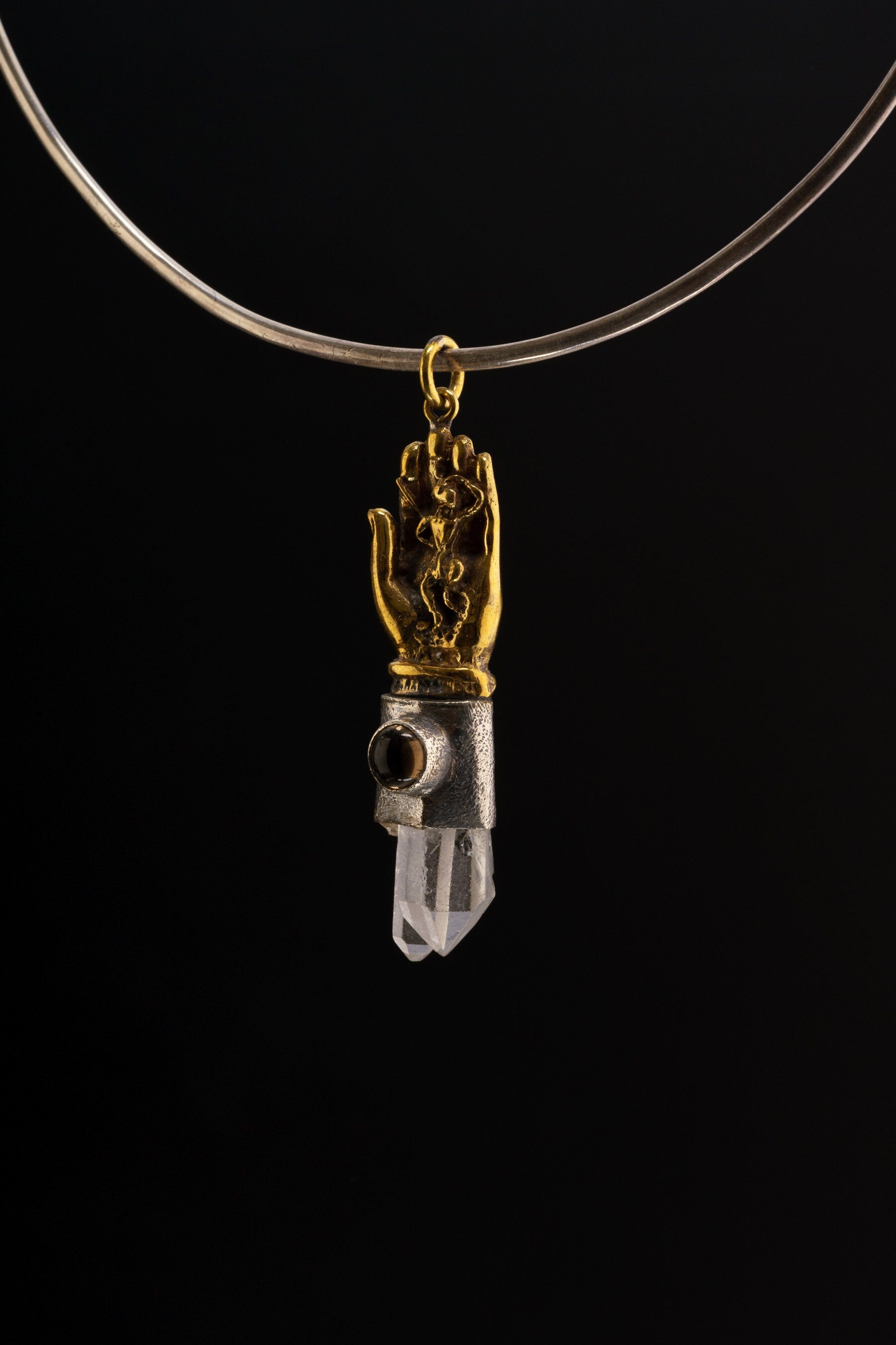 Twin Terminated Himalayan Quartz & Smoky Quartz Cabochon - Brushed Sterling Silver - Monkey King in Buddhas Hand - Crystal Pendant
