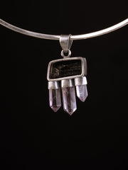 Raw Black Tourmaline , Accompanied by 3 cut Amethyst Points - Sterling Silver - Rustic Finish - Crystal Pendant