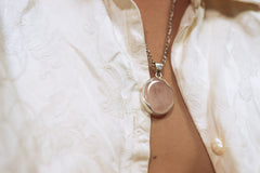 One Organic Shaped Rose Quartz crowned with Moonstone - Crystal Pendant Necklace - 925 Sterling Silver - rounded Bezel open-back set