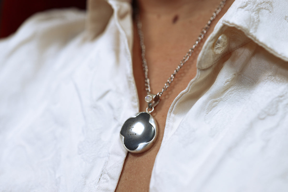 OneSmooth Pyrite disk crowned with Moonstone - Crystal Pendant Necklace - 925 Sterling Silver - rounded Bezel open-back set