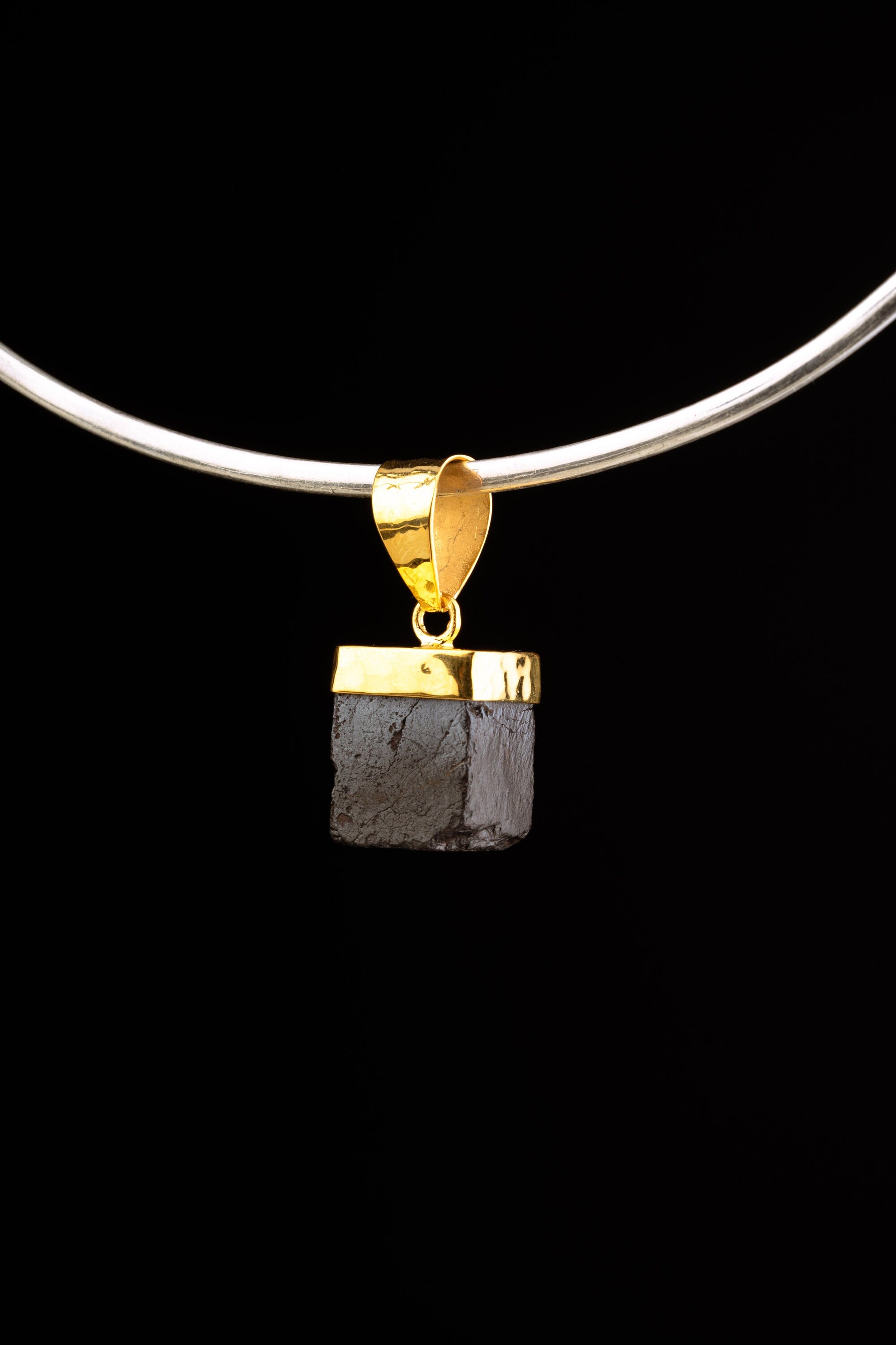 Well formed raw Cubic Australian Pyrite necklace - Gold Plated Textured Sterling Silver Cap Setting - Crystal Pendant