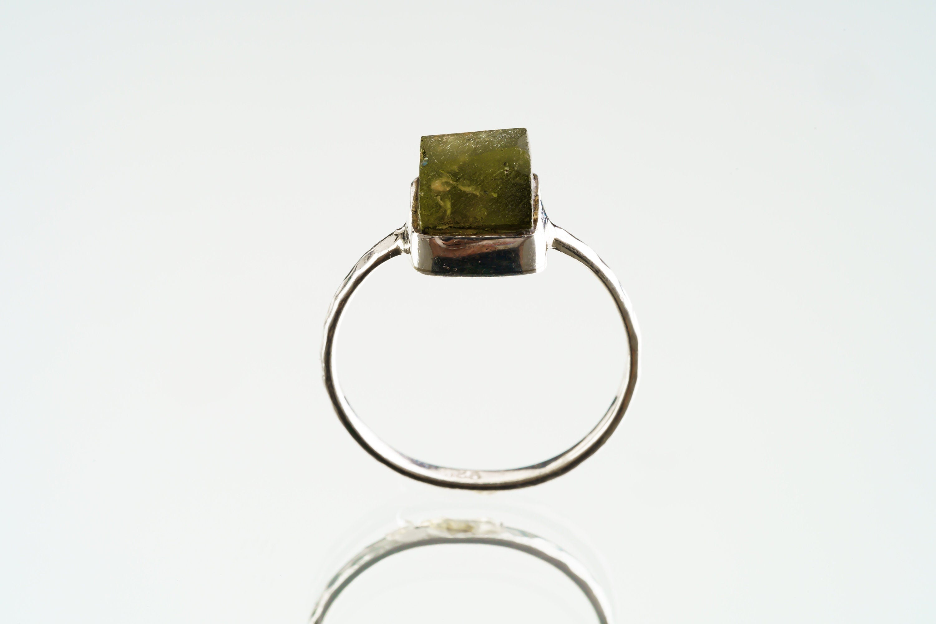 Natural River Found Australian Peridot - Thin Band Stack Ring - Size 6 US - 925 Sterling Silver - Hammer Textured