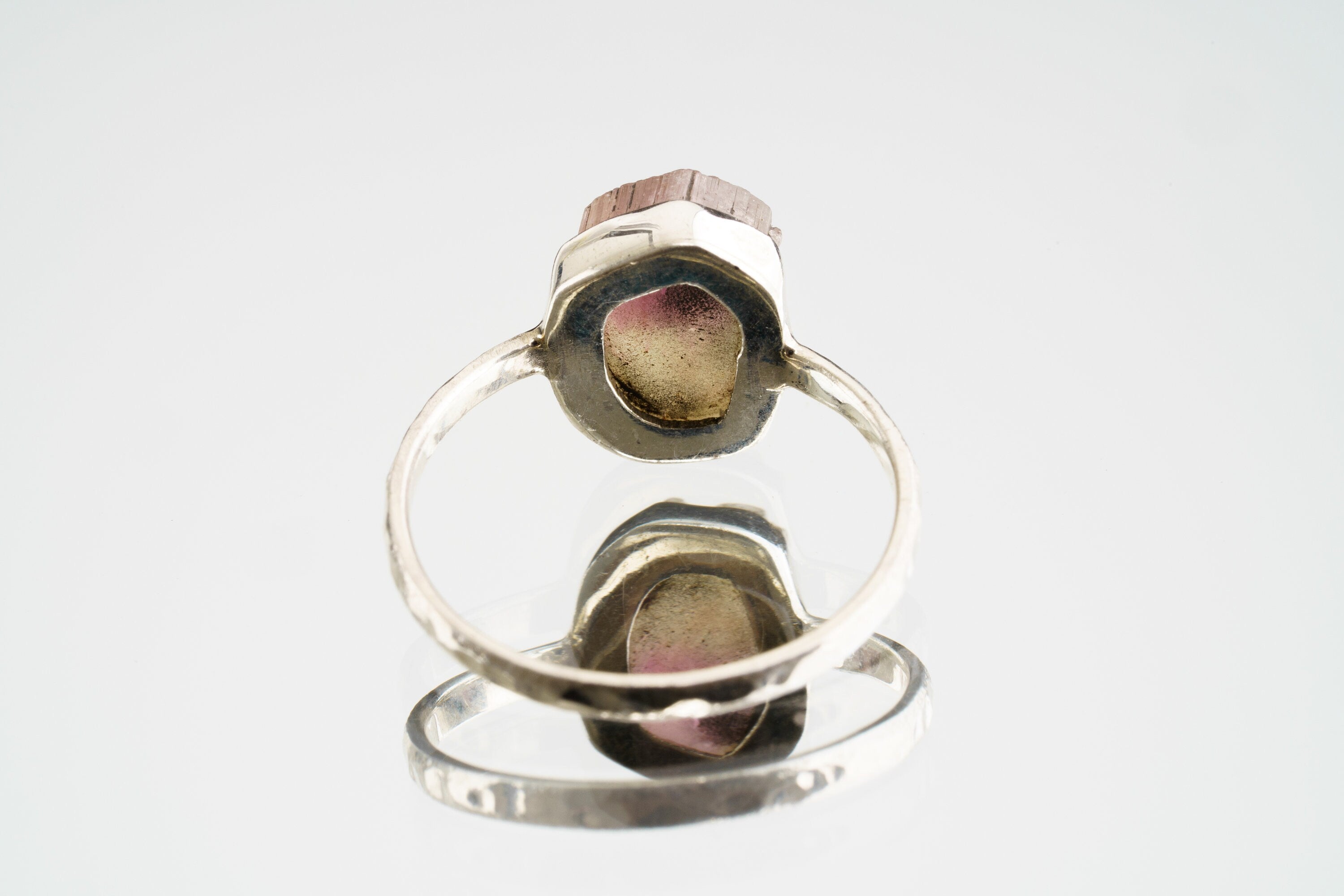 Bicolour Pink gem Tourmaline - Stack Crystal Ring - Size 5 3/4 US - 925 Sterling Silver - Thin Band Hammer Textured