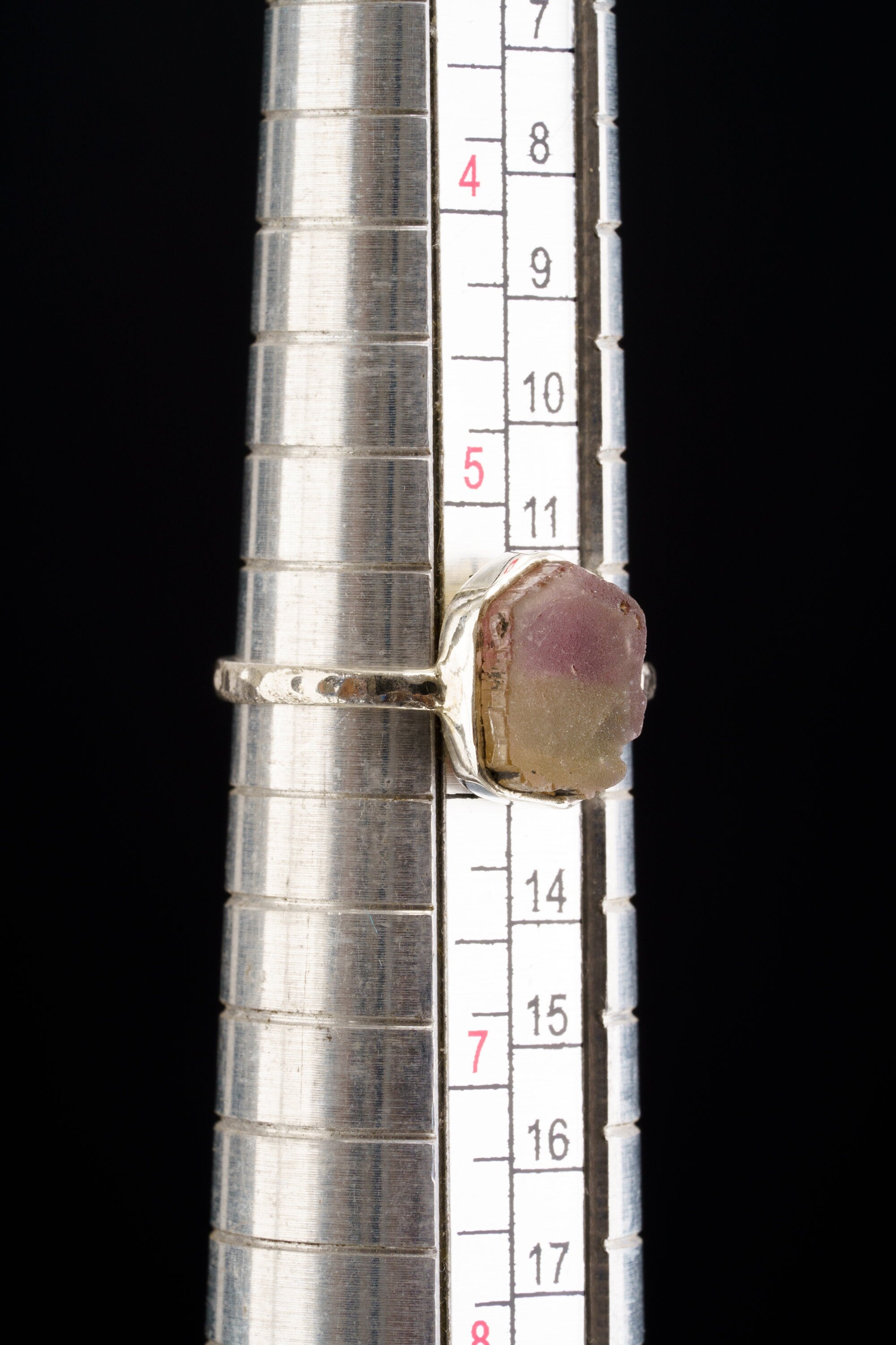 Bicolour Pink gem Tourmaline - Stack Crystal Ring - Size 5 3/4 US - 925 Sterling Silver - Thin Band Hammer Textured