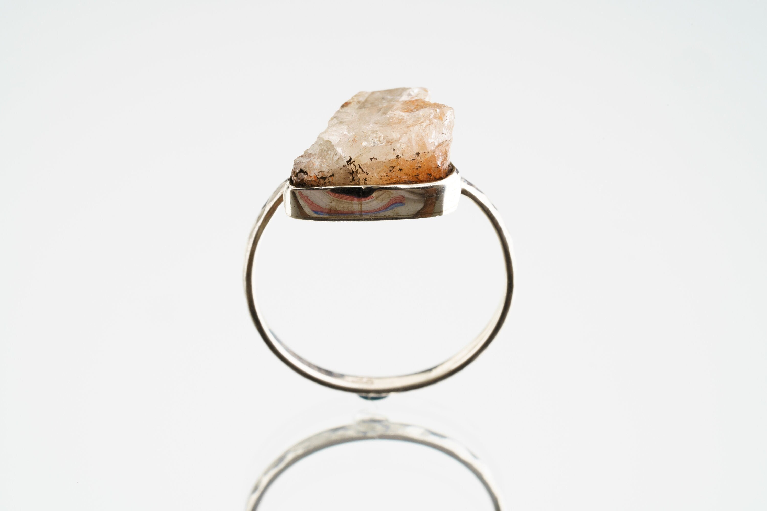 Natural Rough Sunstone - Stack Crystal Ring - Size 7 1/4 US - 925 Sterling Silver - Thin Band Hammer Textured