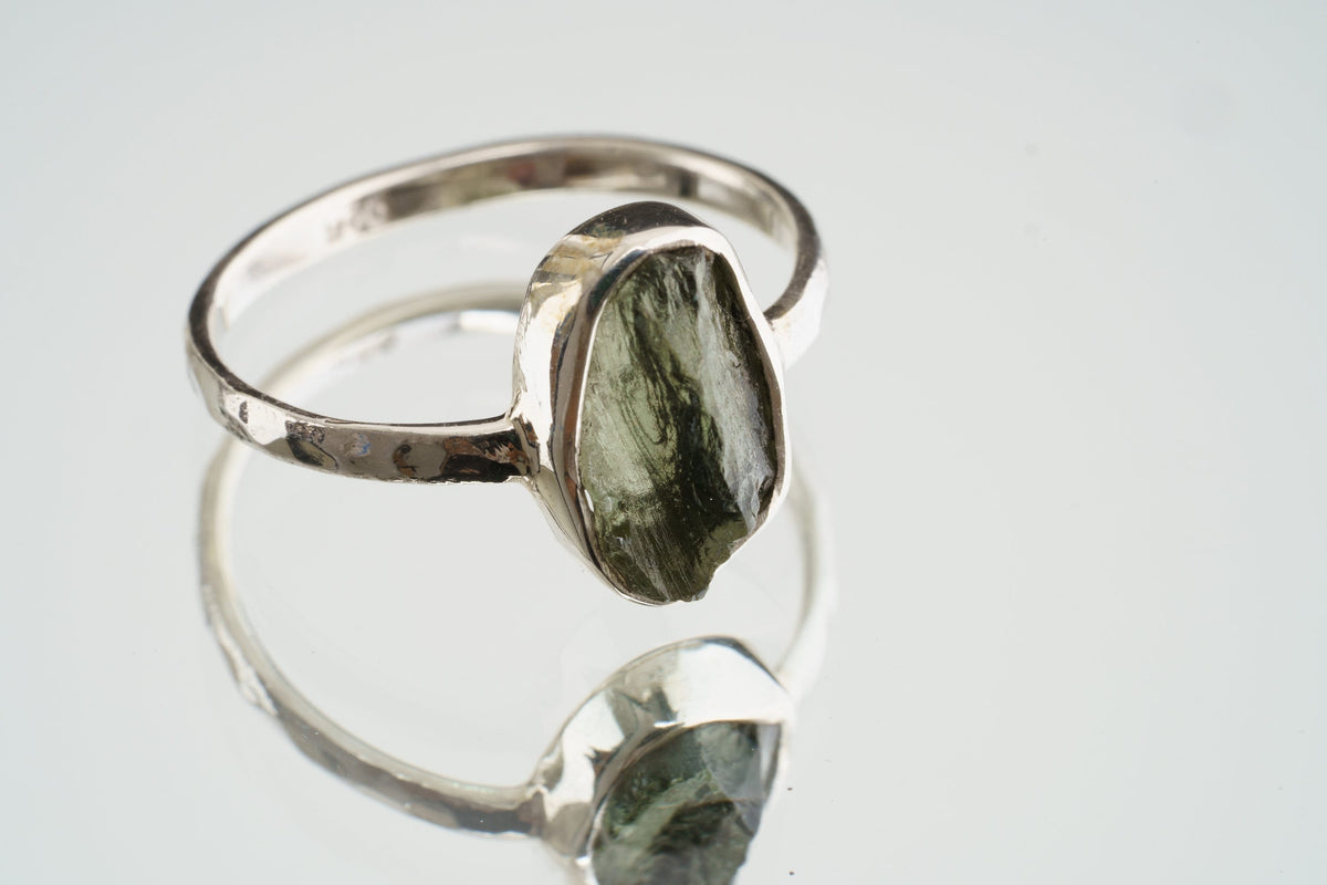 Authentic Moldavite - Thin Band Stack Ring - Size 4 1/2 US - 925 Sterling Silver - Hammer Textured