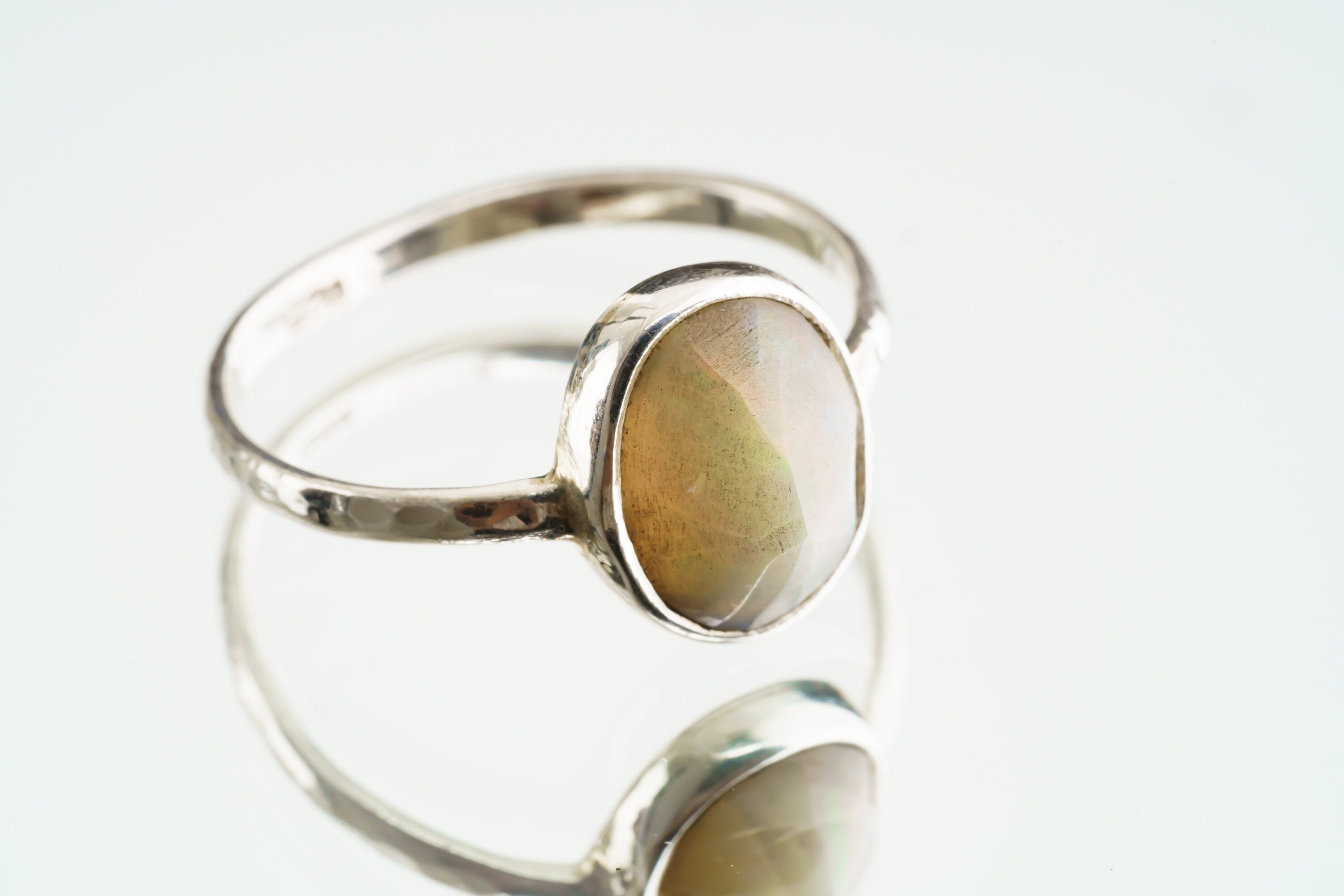 Semi Polished Ethiopian Opal - Thin Band Stack Ring - Size 5 3/4 US - 925 Sterling Silver - Hammer Textured