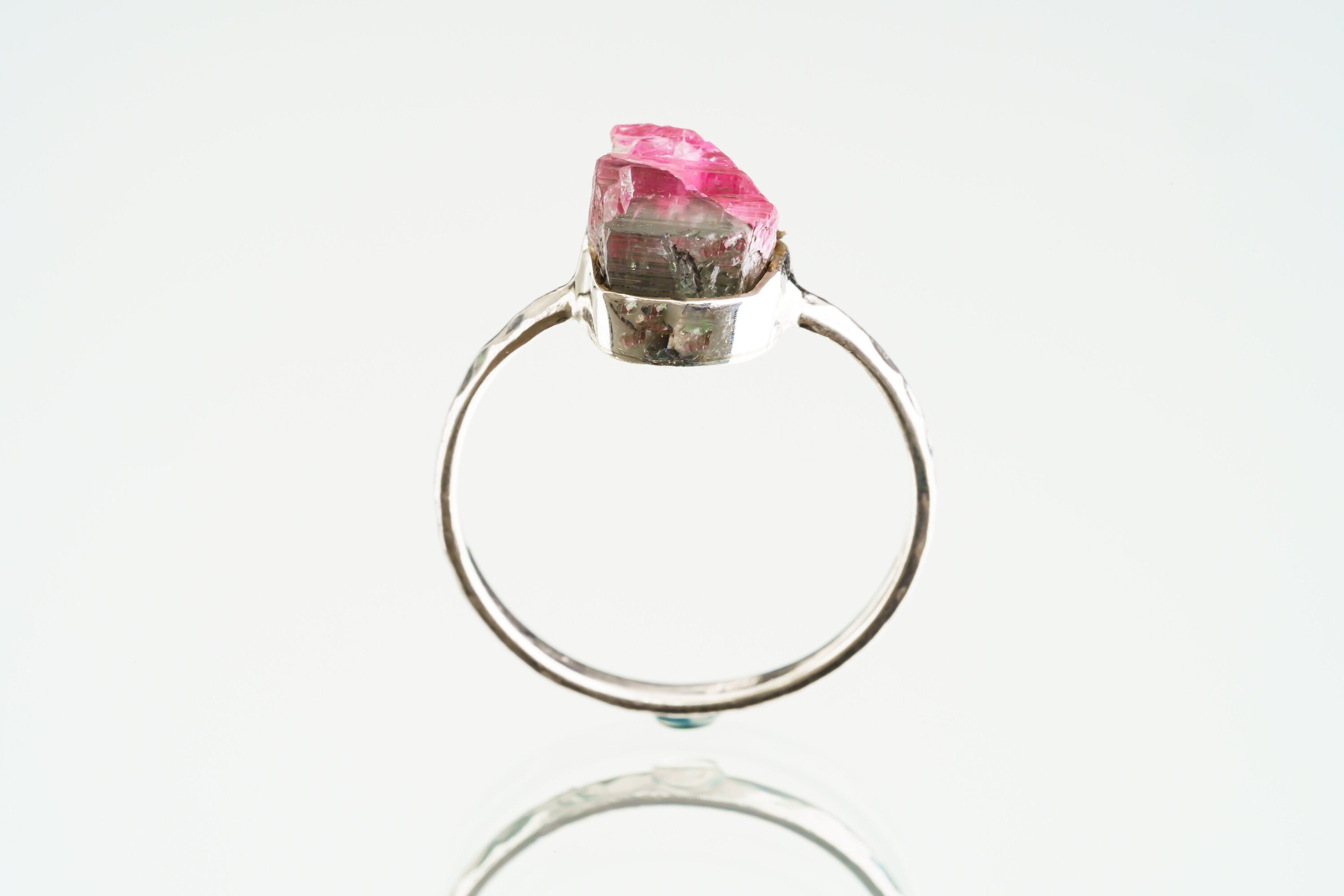 Mostly Pink Watermelon Tourmaline - Stack Crystal Ring - Size 5 3/4 US - 925 Sterling Silver - Thin Band Hammer Textured