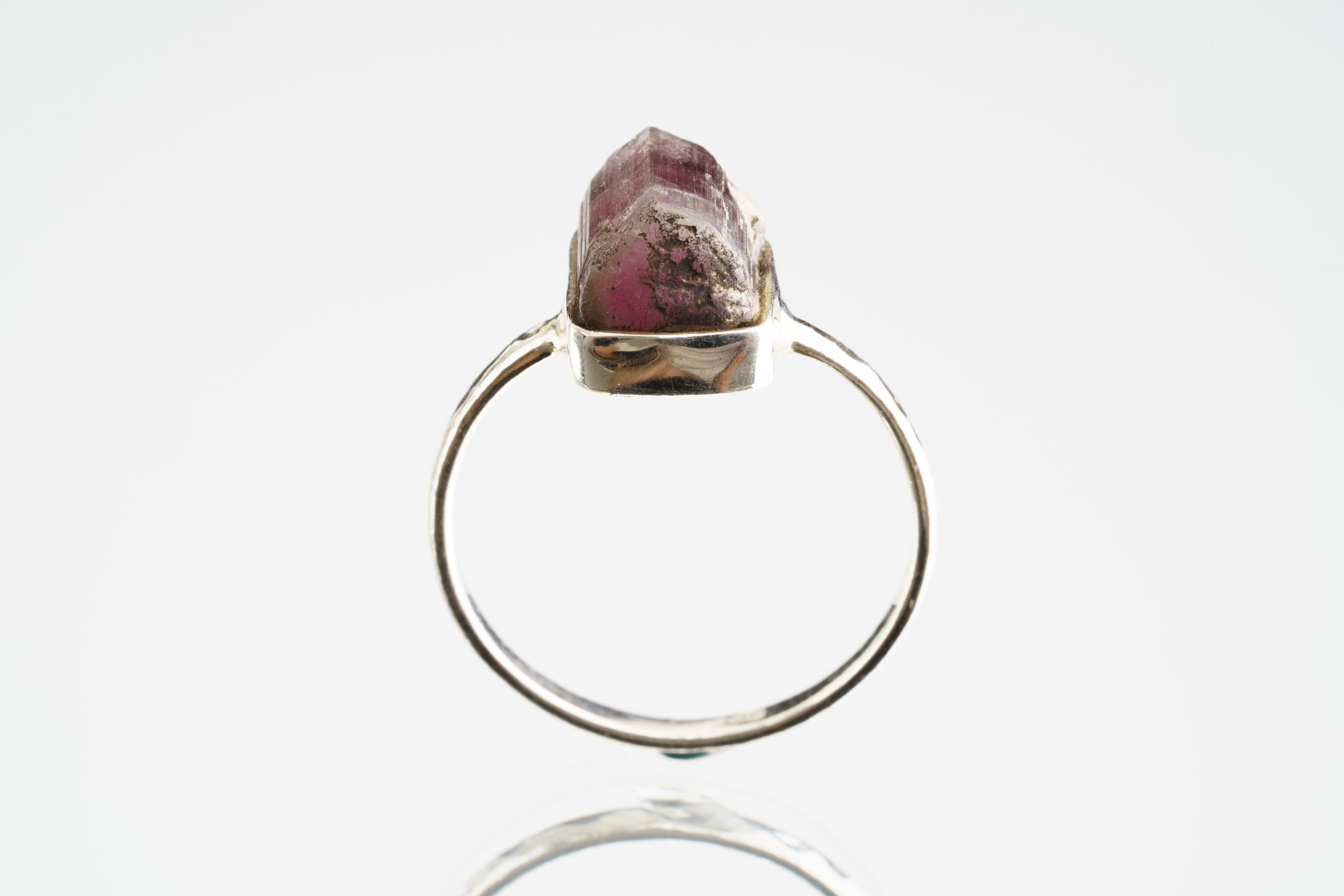 Pink gem Tourmaline Rubellite - Stack Crystal Ring - Size 4 3/4 US - 925 Sterling Silver - Thin Band Hammer Textured