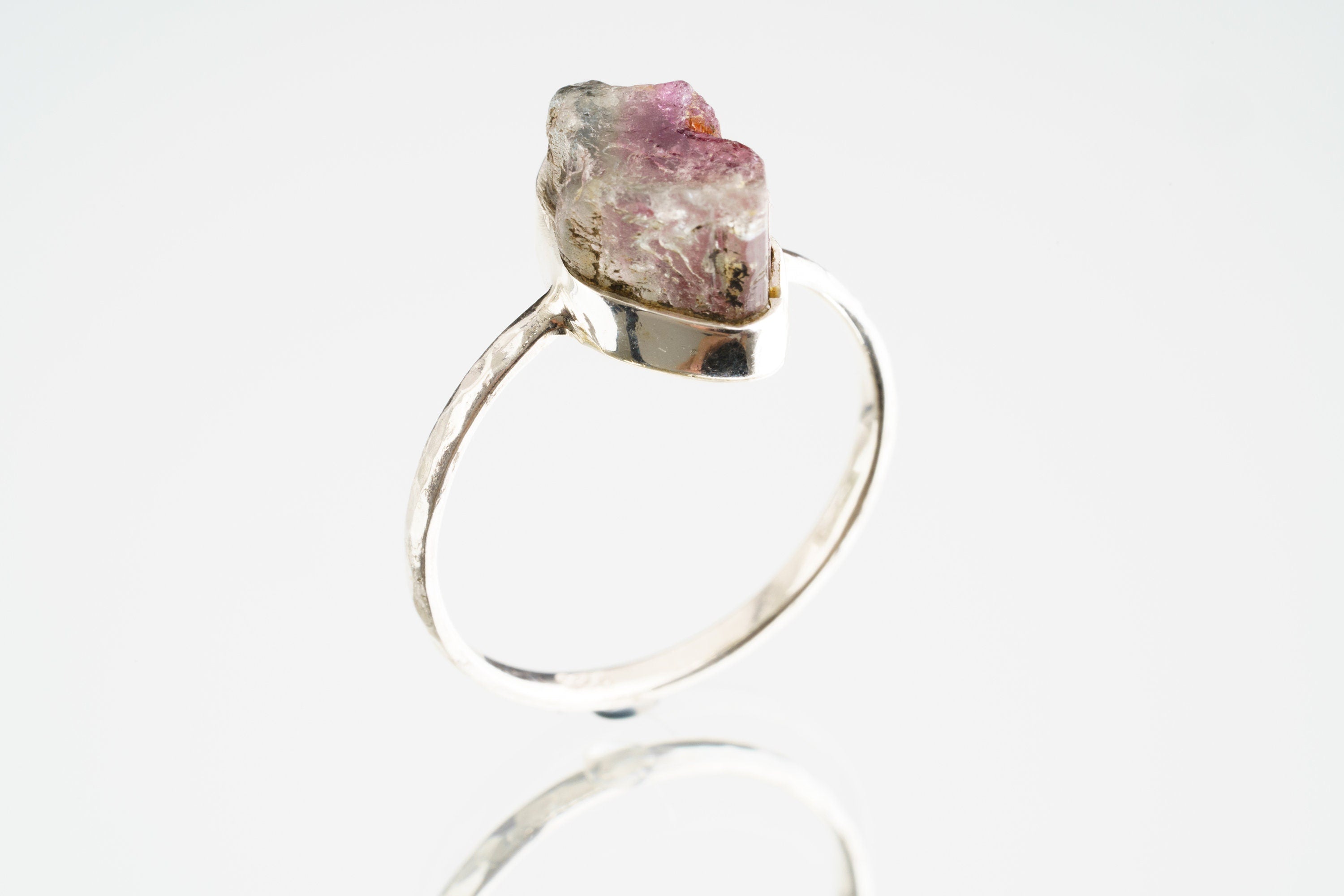 Pink Watermelon Tourmaline - Stack Crystal Ring - Size 7 US - 925 Sterling Silver - Thin Band Hammer Textured