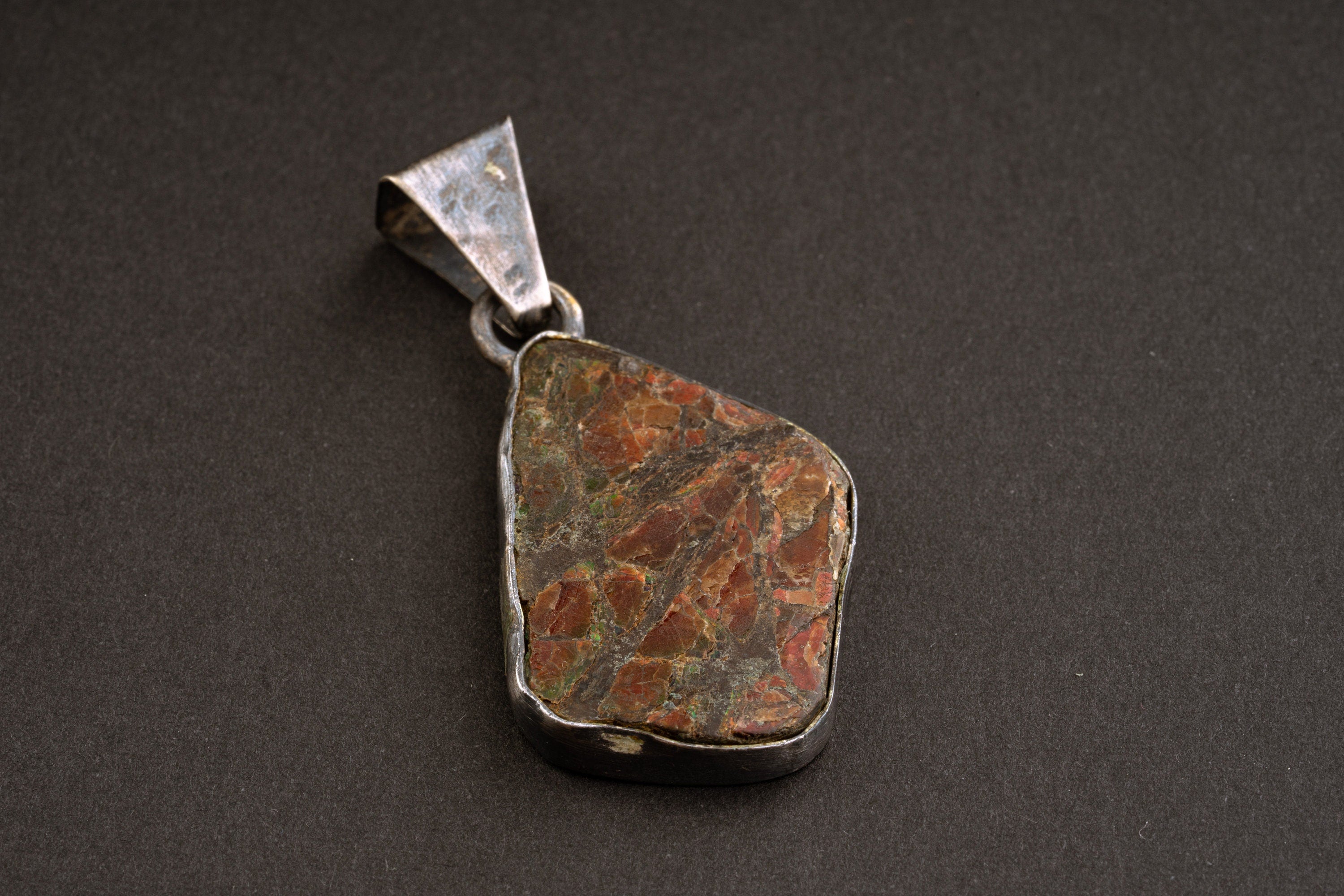 Opalized fossilised ammonite - Natural Opal - Textured 925 Silver Setting - Crystal Pendant Neckpiece