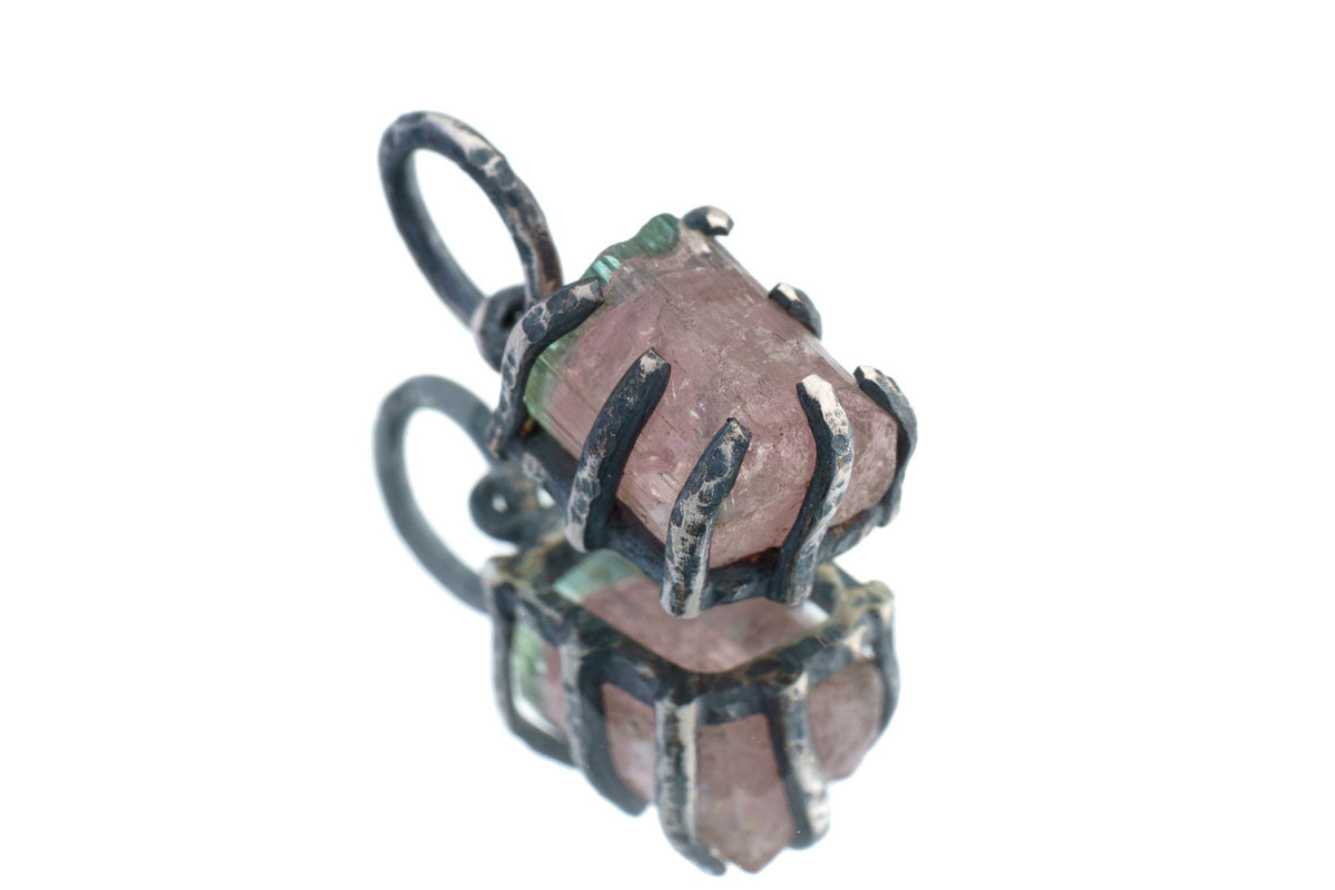 Raw Gem Watermelon Tourmaline Green cap - Oxidised Sterling Silver - Strong Claw Wire Setting - Hammer Textured - Pendant Crystal Necklace