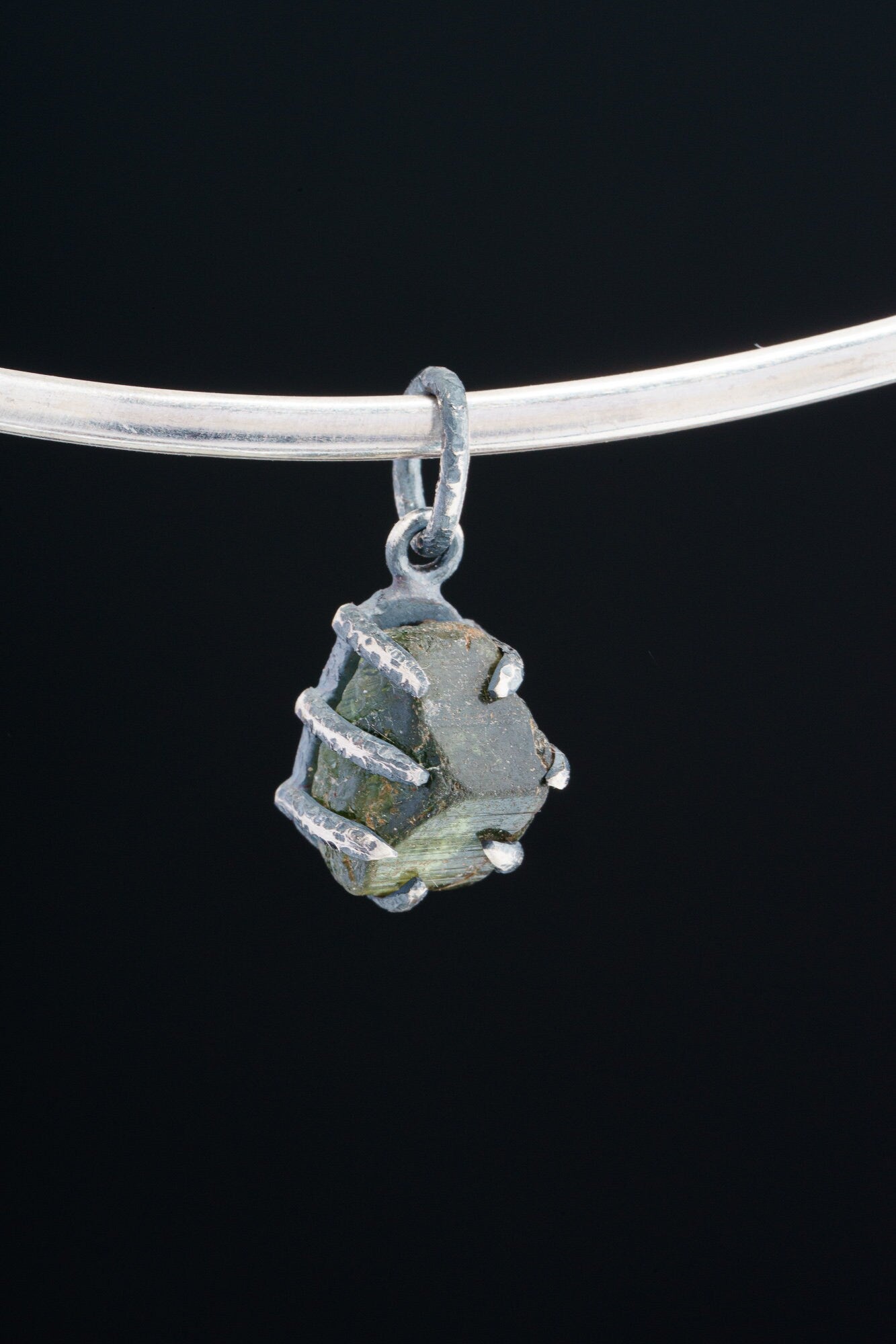 Natural Olive Green Tourmaline - Oxidised Sterling Silver - Strong Claw Wire Setting - Hammer Textured - Pendant Crystal Necklace