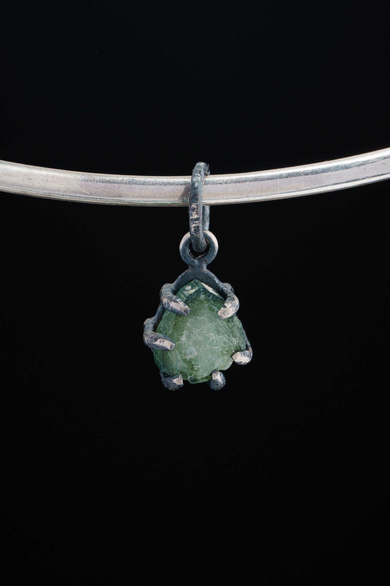 Natural Green Tourmaline Stick - Oxidised Sterling Silver - Strong Claw Wire Setting - Hammer Textured - Pendant Crystal Necklace