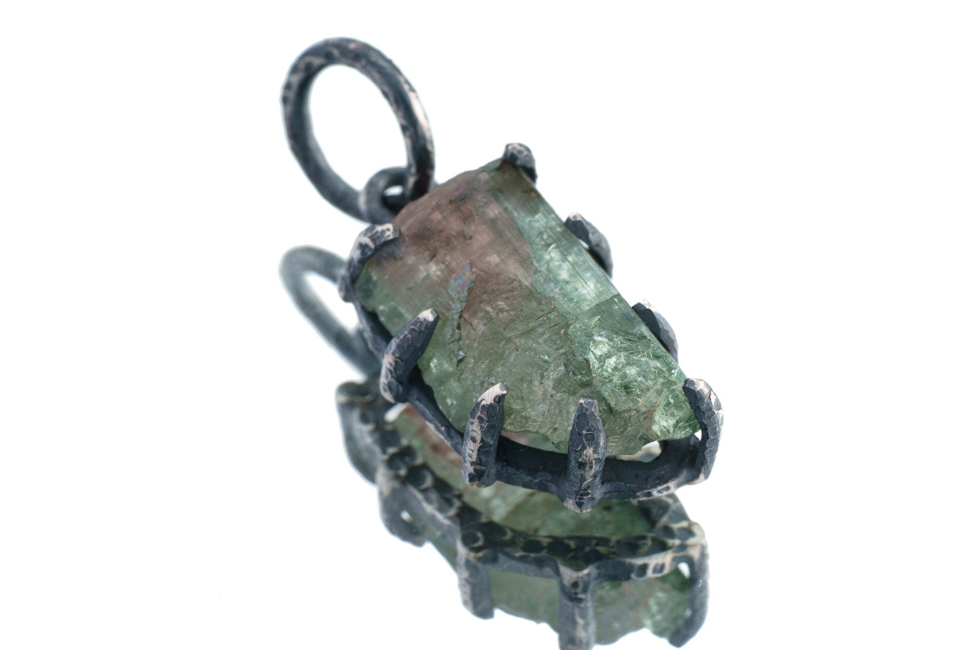 Tiny Mostly Green Watermelon Tourmaline - Oxidised Sterling Silver - Strong Claw Wire Setting - Hammer Textured - Pendant Crystal Necklace