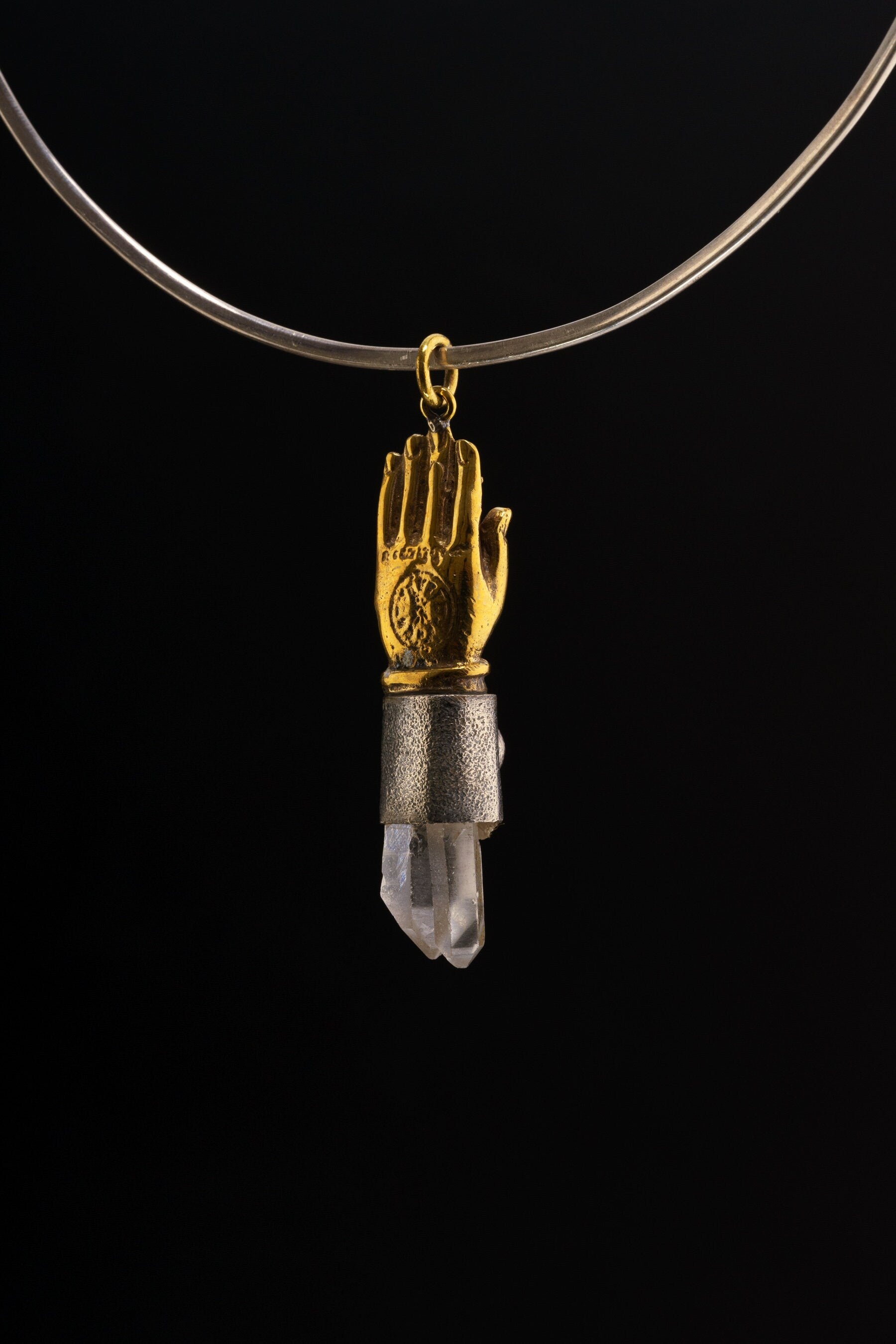 Twin Terminated Himalayan Quartz & Smoky Quartz Cabochon - Brushed Sterling Silver - Monkey King in Buddhas Hand - Crystal Pendant