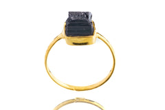 Raw Black Tourmaline - Stack Crystal Ring - Size 7 1/2 US - Gold Plated 925 Sterling Silver - Thin Band Hammer Textured