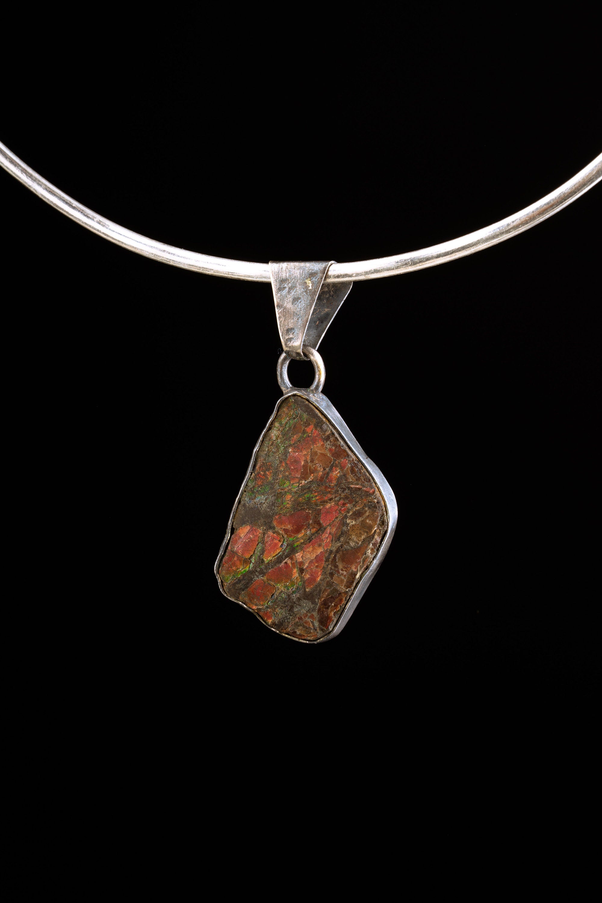 Opalized fossilised ammonite - Natural Opal - Textured 925 Silver Setting - Crystal Pendant Neckpiece