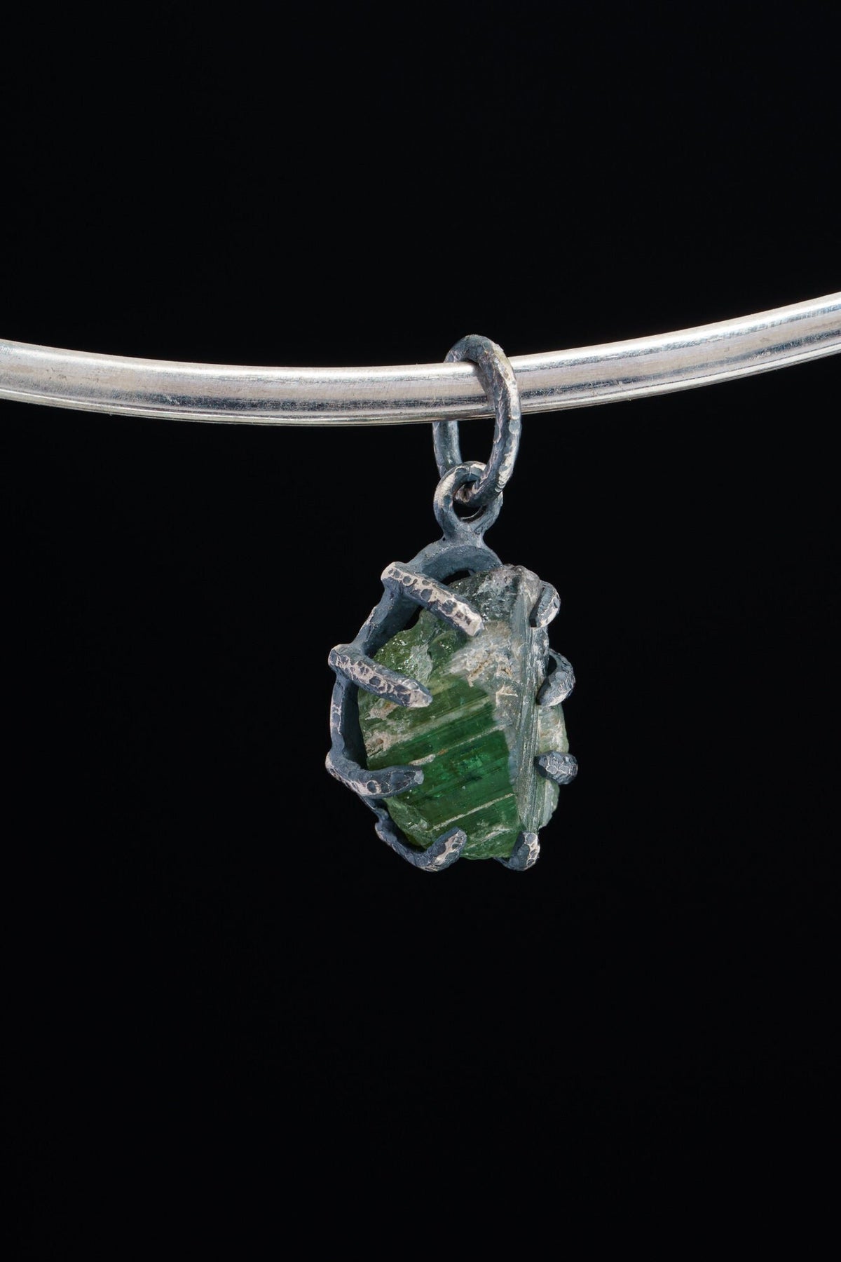 Raw Green Tourmaline Chunk - Oxidised Sterling Silver - Strong Claw Wire Setting - Hammer Textured - Pendant Crystal Necklace