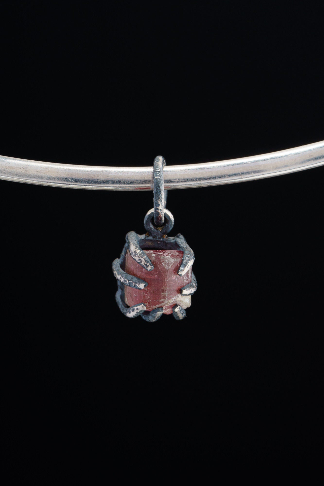 Gemmy Pink Tourmaline Rubellite Chunk - Oxidised Sterling Silver - Strong Claw Wire Setting - Hammer Textured - Pendant Crystal Necklace