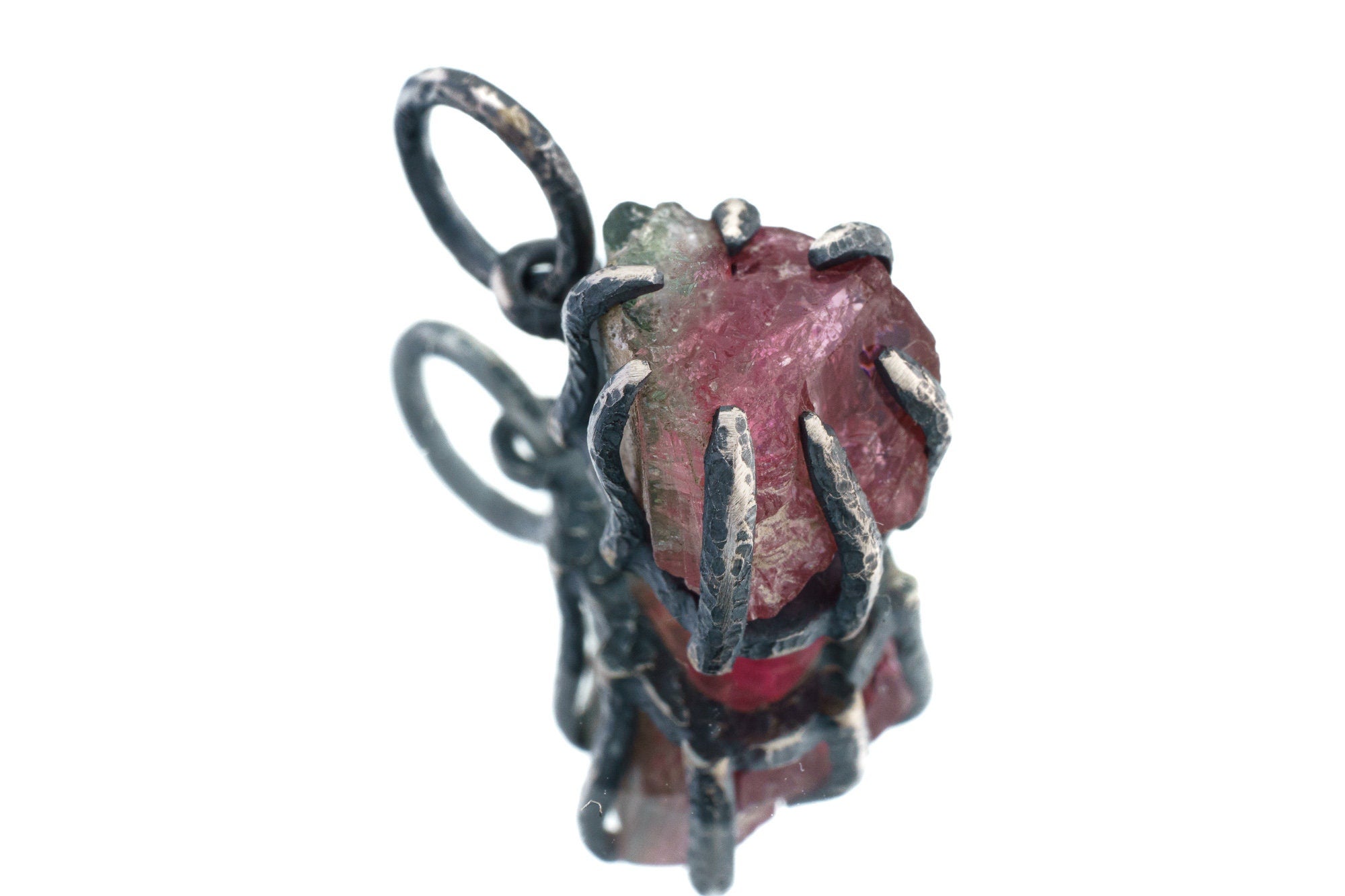 Gemmy Watermelon Tourmaline Rind- Oxidised Sterling Silver - Strong Claw Wire Setting - Hammer Textured - Pendant Crystal Necklace