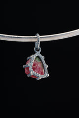 Gemmy Watermelon Tourmaline Rind- Oxidised Sterling Silver - Strong Claw Wire Setting - Hammer Textured - Pendant Crystal Necklace
