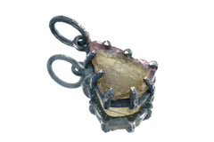 Mostly Green Gemmy Watermelon Tourmaline - Oxidised Sterling Silver - Strong Claw Wire Setting - Hammer Textured - Pendant Crystal Necklace