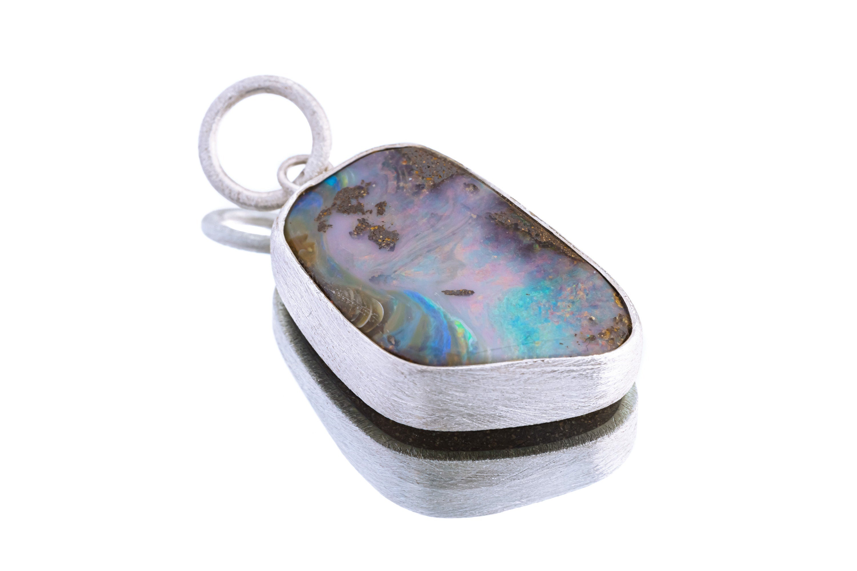 Australian Pink & blue Nebular Precious Freeform Boulder Opal - Natural Solid Opal - Textured 925 Silver Setting - Crystal Pendant Neckpiece