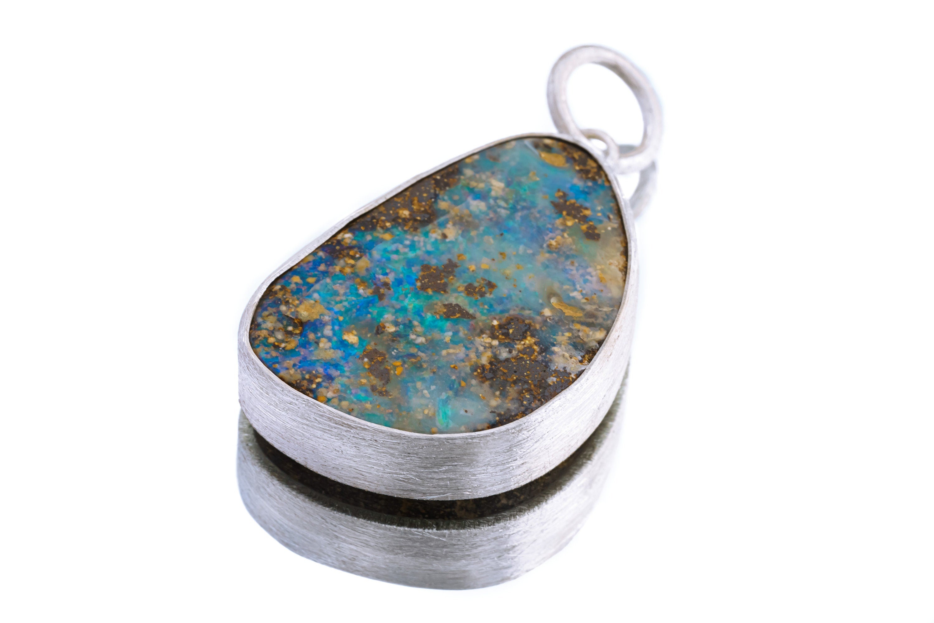 Australian Unique & Precious Nebular Freeform Boulder Opal - Natural Solid Opal - Textured 925 Silver Setting - Crystal Pendant Neckpiece