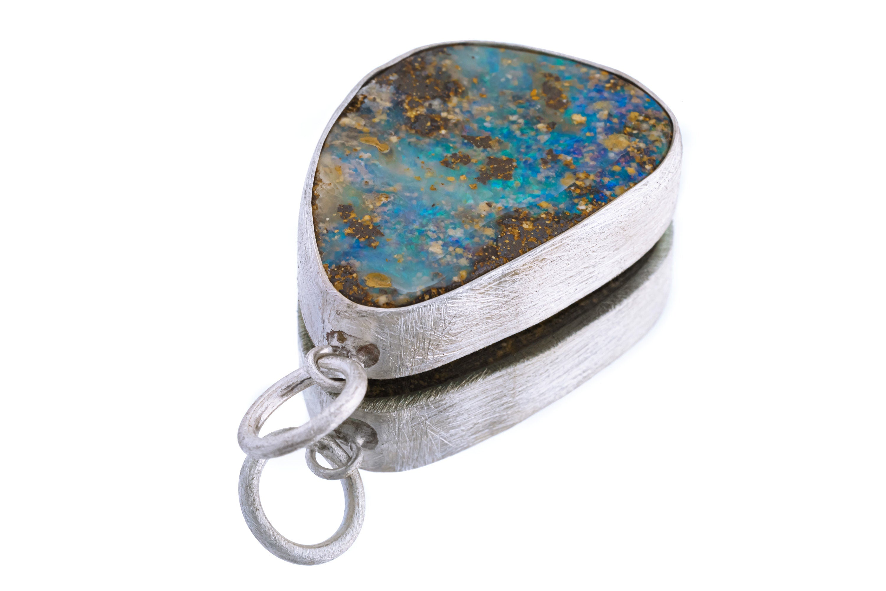 Australian Unique & Precious Nebular Freeform Boulder Opal - Natural Solid Opal - Textured 925 Silver Setting - Crystal Pendant Neckpiece