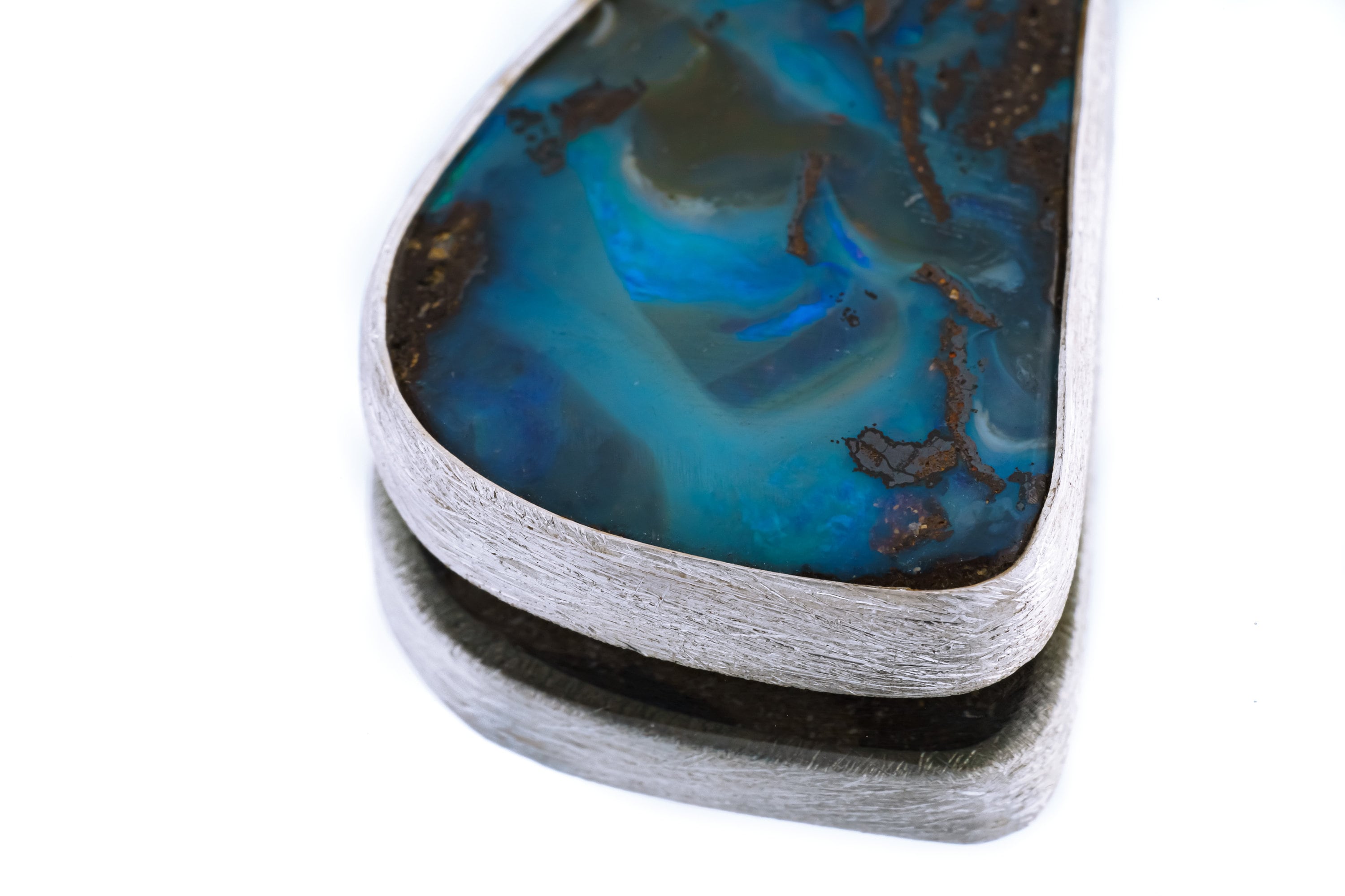 Australian Beach Precious Aqua Freeform Boulder Opal - Natural Solid Opal - Textured 925 Silver Setting - Crystal Pendant Neckpiece
