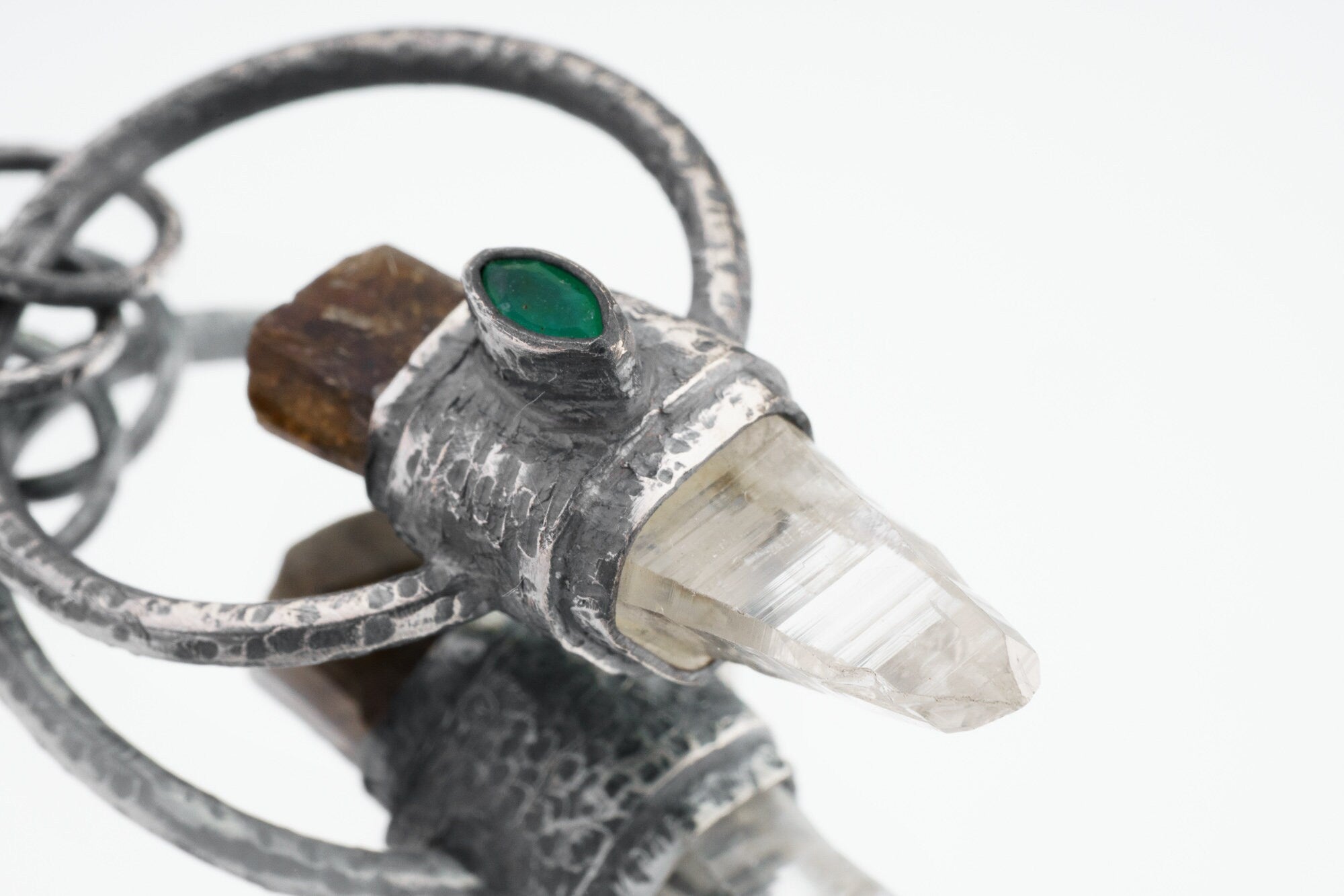 Brown Gem Tourmaline, Faceted Emerald & Lumerian Optical Laser Quartz - Textured Oxidised Sterling Silver - Crystal Pendant Neckpiece NO.6