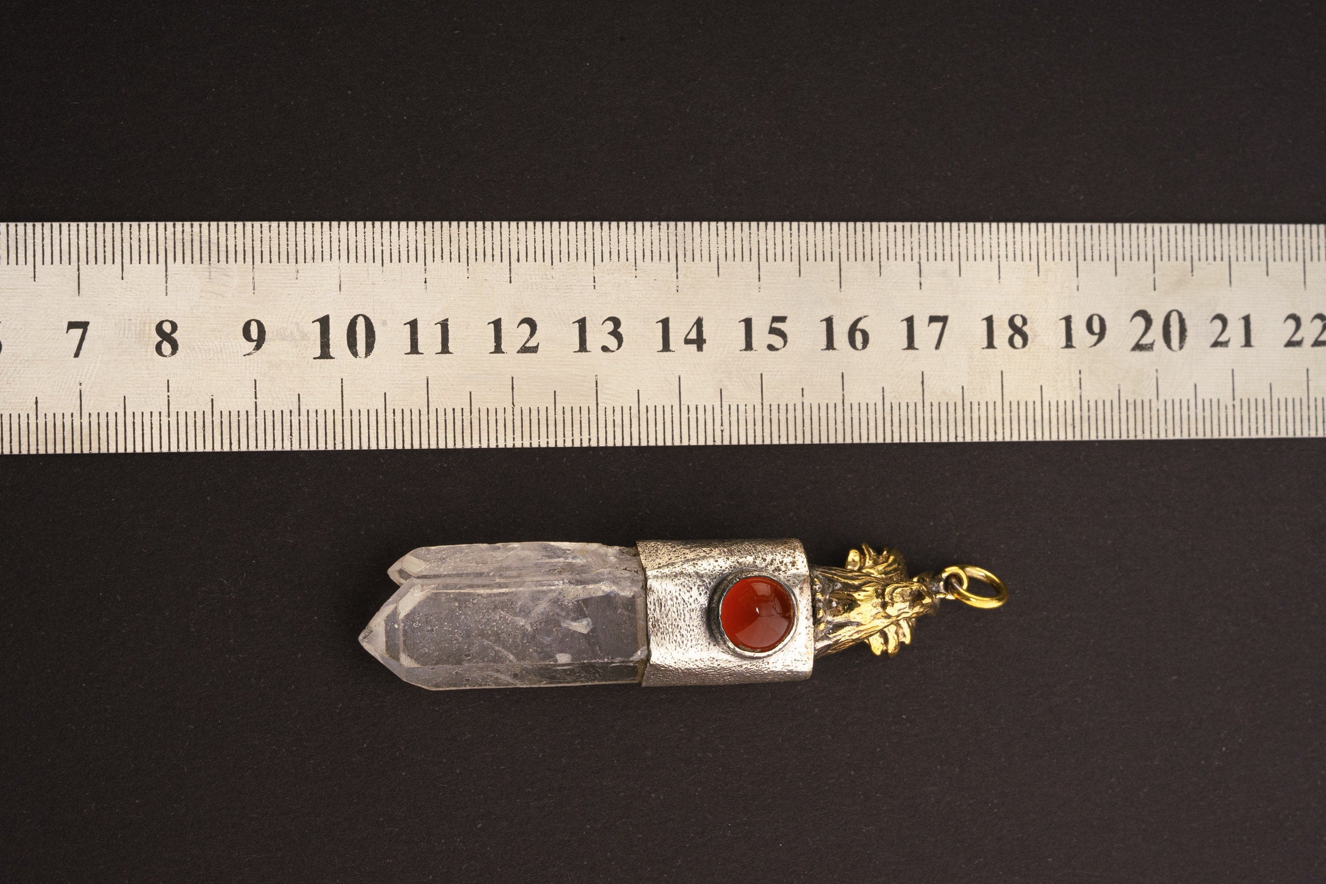 Clear double Terminated Twin Quartz & Australian Carnelian - Brushed Sterling Silver -Rooster Brass cast Talisman - Crystal Pendant
