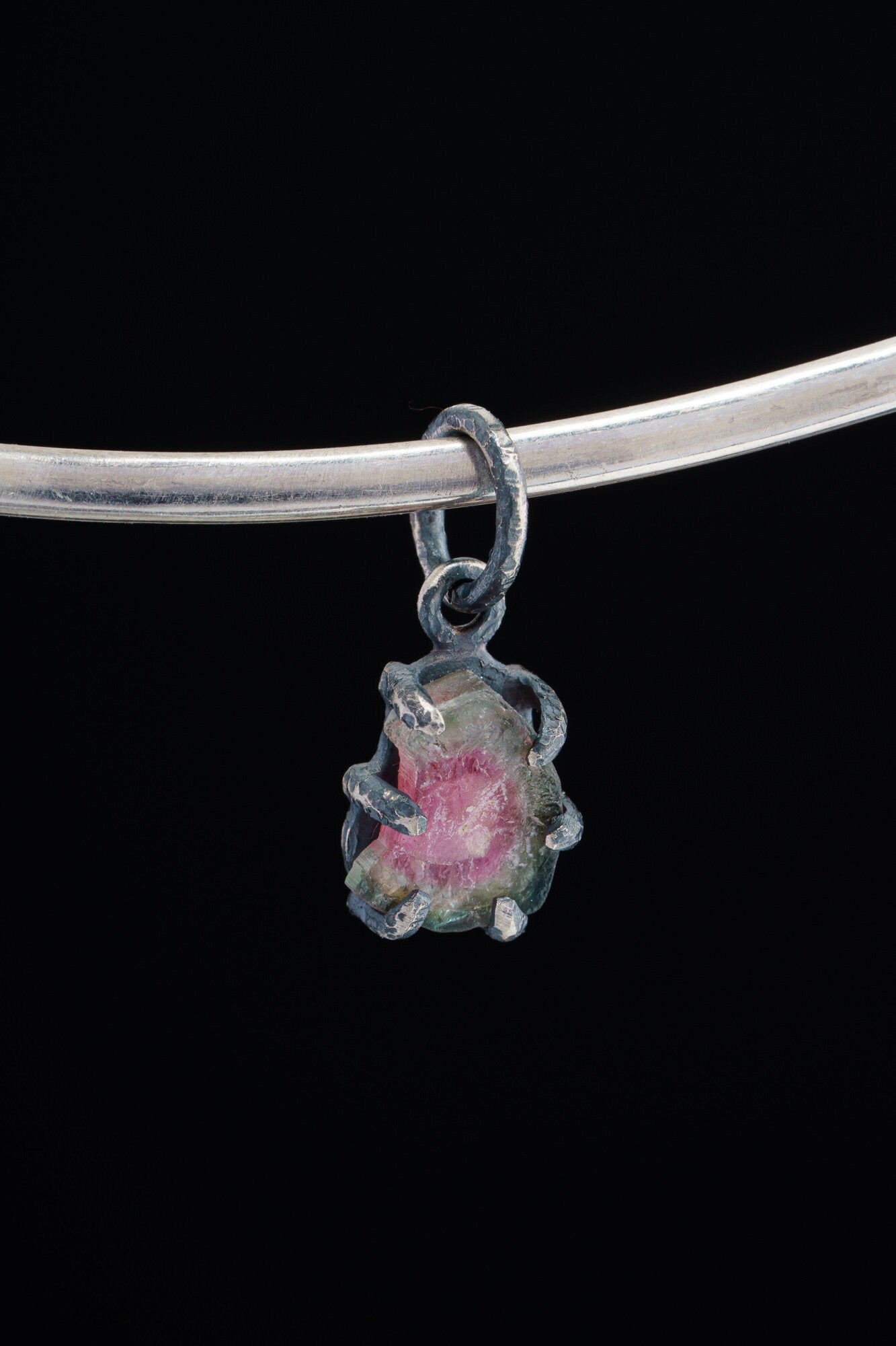 Raw Petite Watermelon Tourmaline Slice - Oxidised Sterling Silver - Strong Claw Wire Setting - Hammer Textured - Pendant Crystal Necklace