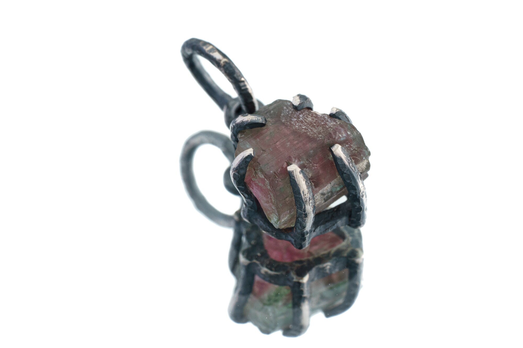 Olive Watermelon Tourmaline Slice - Oxidised Sterling Silver - Strong Claw Wire Setting - Hammer Textured - Pendant Crystal Necklace