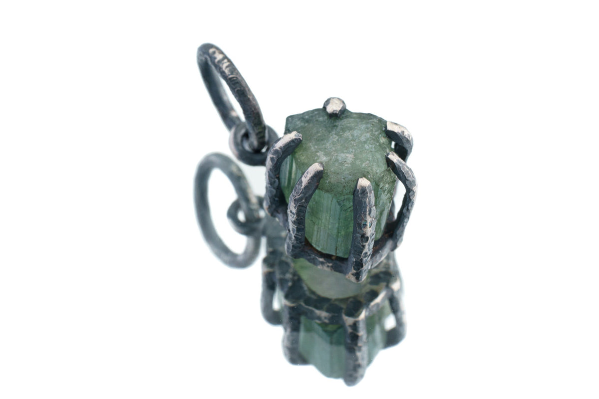 Natural Green Tourmaline Stick - Oxidised Sterling Silver - Strong Claw Wire Setting - Hammer Textured - Pendant Crystal Necklace