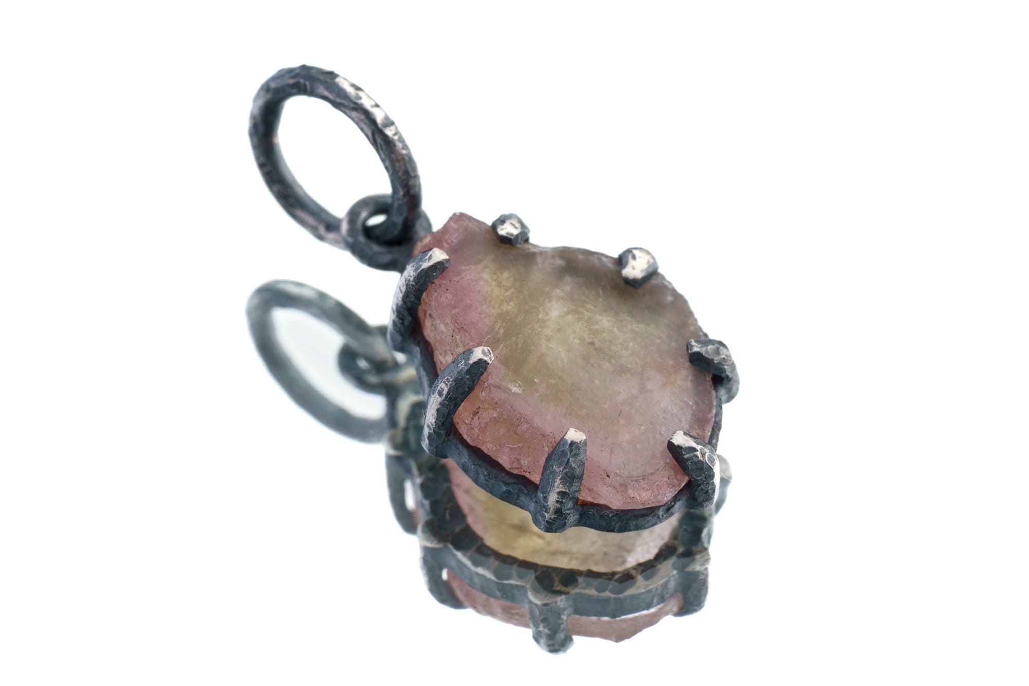 Natural Gem Watermelon Tourmaline Slice - Oxidised Sterling Silver - Strong Claw Wire Setting - Hammer Textured - Pendant Crystal Necklace