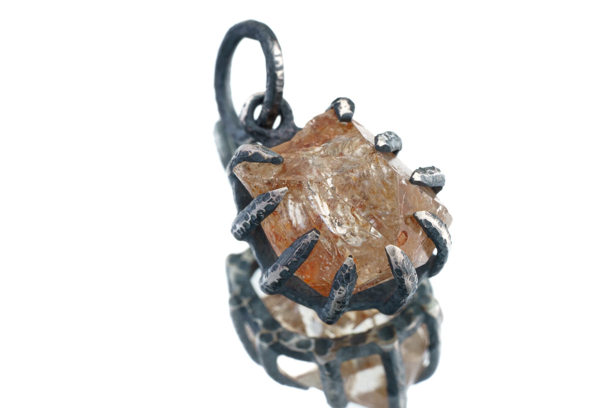 Raw Gem Australian Golden Topaz - Oxidised Sterling Silver - Strong Claw Wire Setting - Hammer Textured - Pendant Crystal Necklace