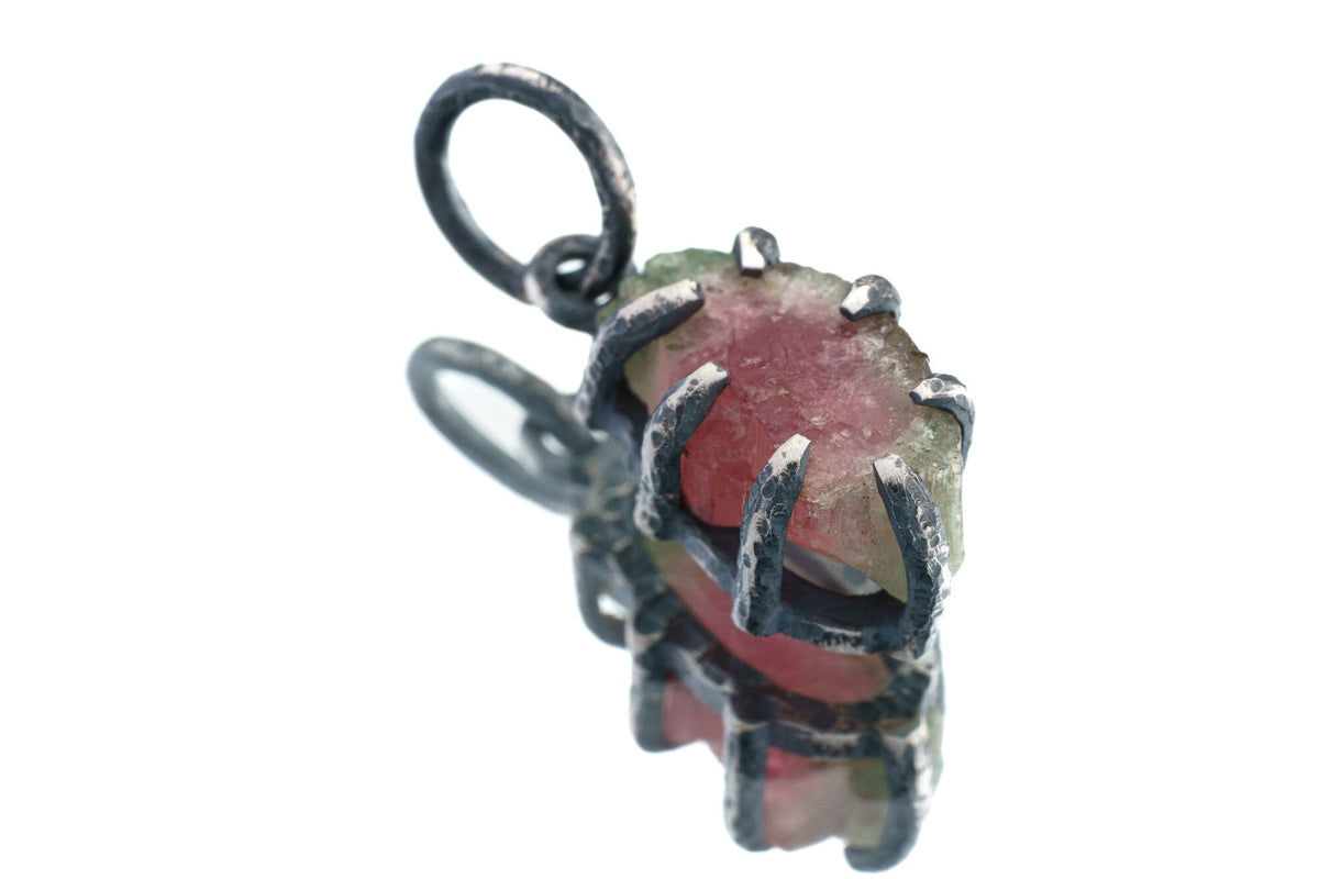 Gem Watermelon Tourmaline Slice - Oxidised Sterling Silver - Strong Claw Wire Setting - Hammer Textured - Pendant Crystal Necklace
