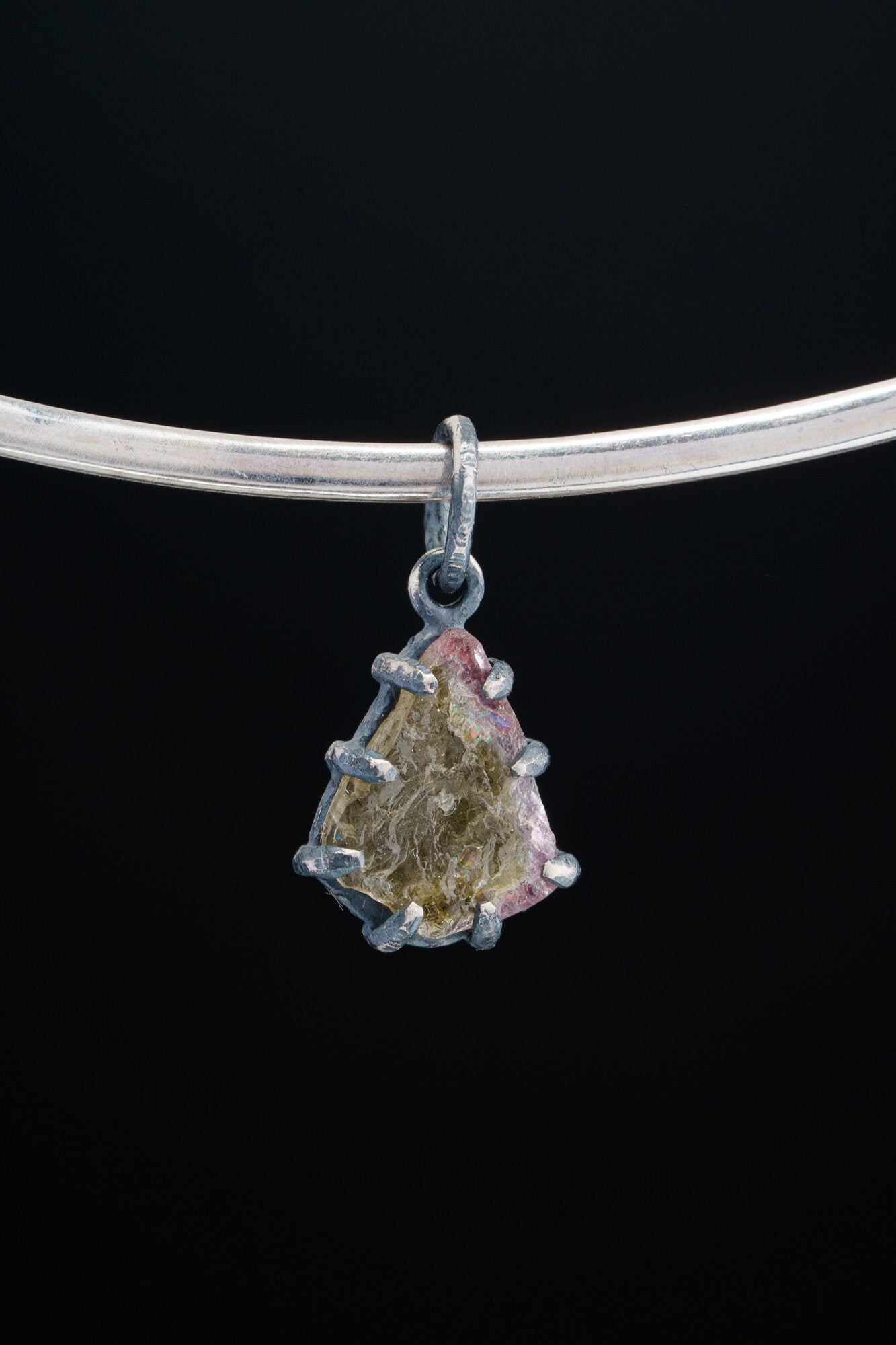 Mostly Green Gemmy Watermelon Tourmaline - Oxidised Sterling Silver - Strong Claw Wire Setting - Hammer Textured - Pendant Crystal Necklace