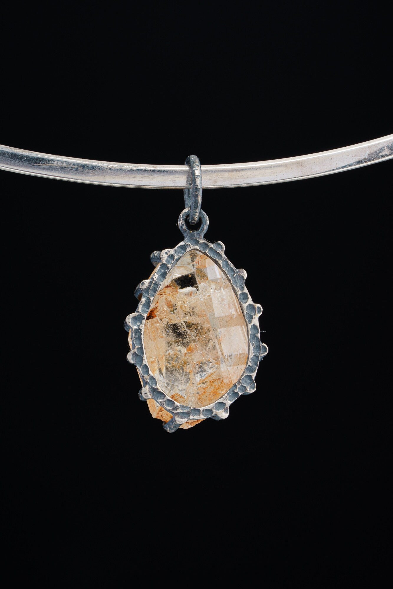 larger Australian Golden Topaz Chunk - Oxidised Sterling Silver - Strong Claw Wire Setting - Hammer Textured - Pendant Crystal Necklace