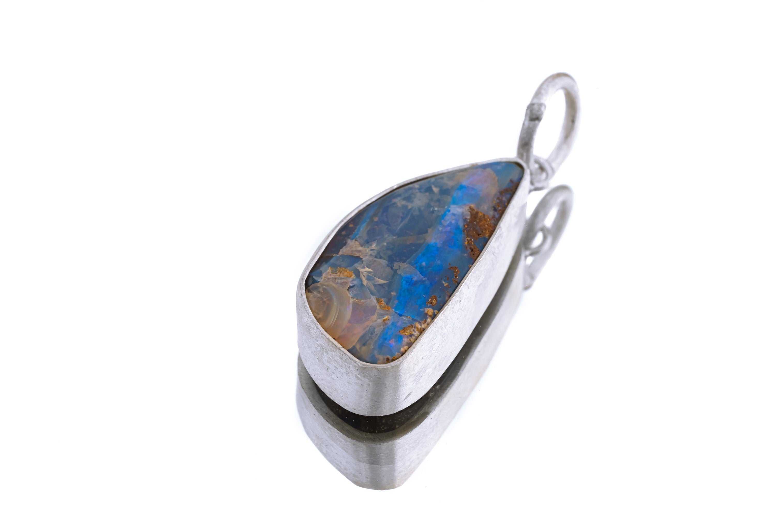 Australian Beach Landscape Precious Freeform Boulder Opal - Natural Solid Opal - Textured 925 Silver Setting - Crystal Pendant Neckpiece