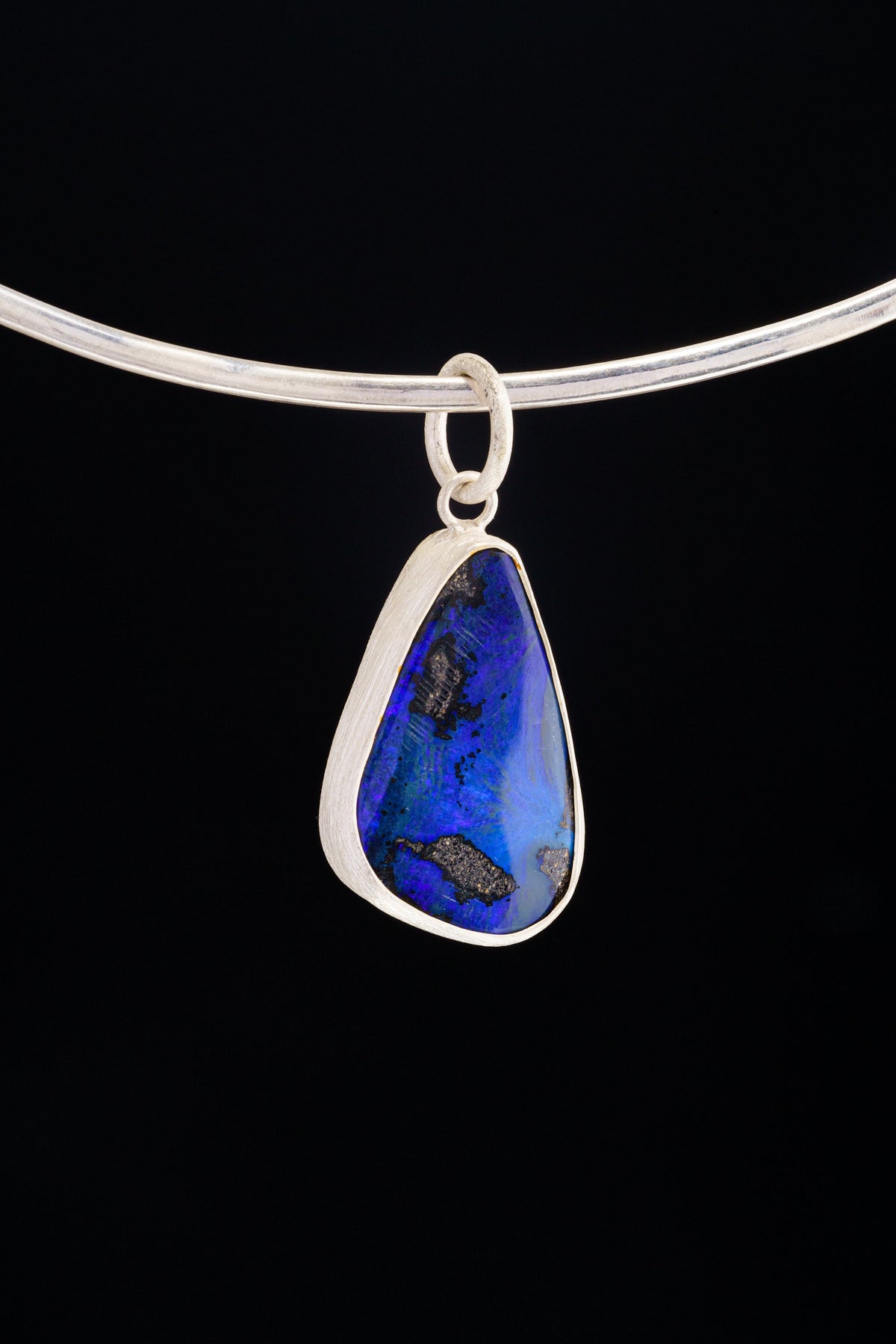 Australian Deep Blue / Indigo Precious Freeform Boulder Opal - Natural Solid Opal - Textured 925 Silver Setting - Crystal Pendant Neckpiece