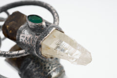 Brown Gem Tourmaline, Faceted Emerald & Lumerian Optical Laser Quartz - Textured Oxidised Sterling Silver - Crystal Pendant Neckpiece NO.9